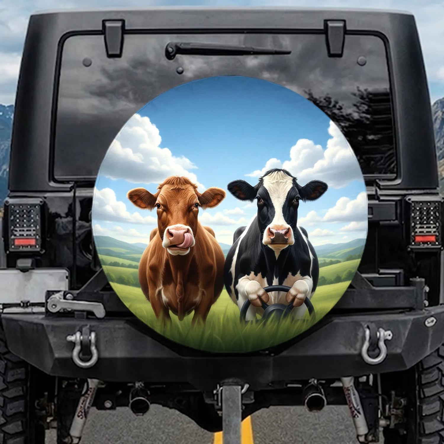Brown Cow Holstein Driver Blue Sky Hills - Cow Lover Farmhouse Gift Spare Tire Cover - 1