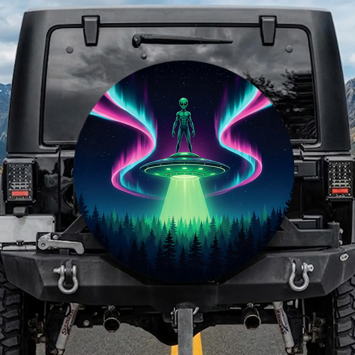 Green Alien UFO Aurora Pine Forest - Sci-Fi Lover Galactic Travel Decor Gift Spare Tire Cover - 1