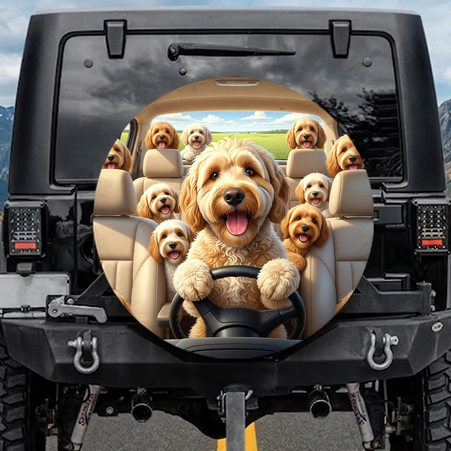 Goldendoodle Steering Wheel Dog Pack Car Interior Landscape Road Trip - Dog Lover Gift Spare Tire Cover - 1