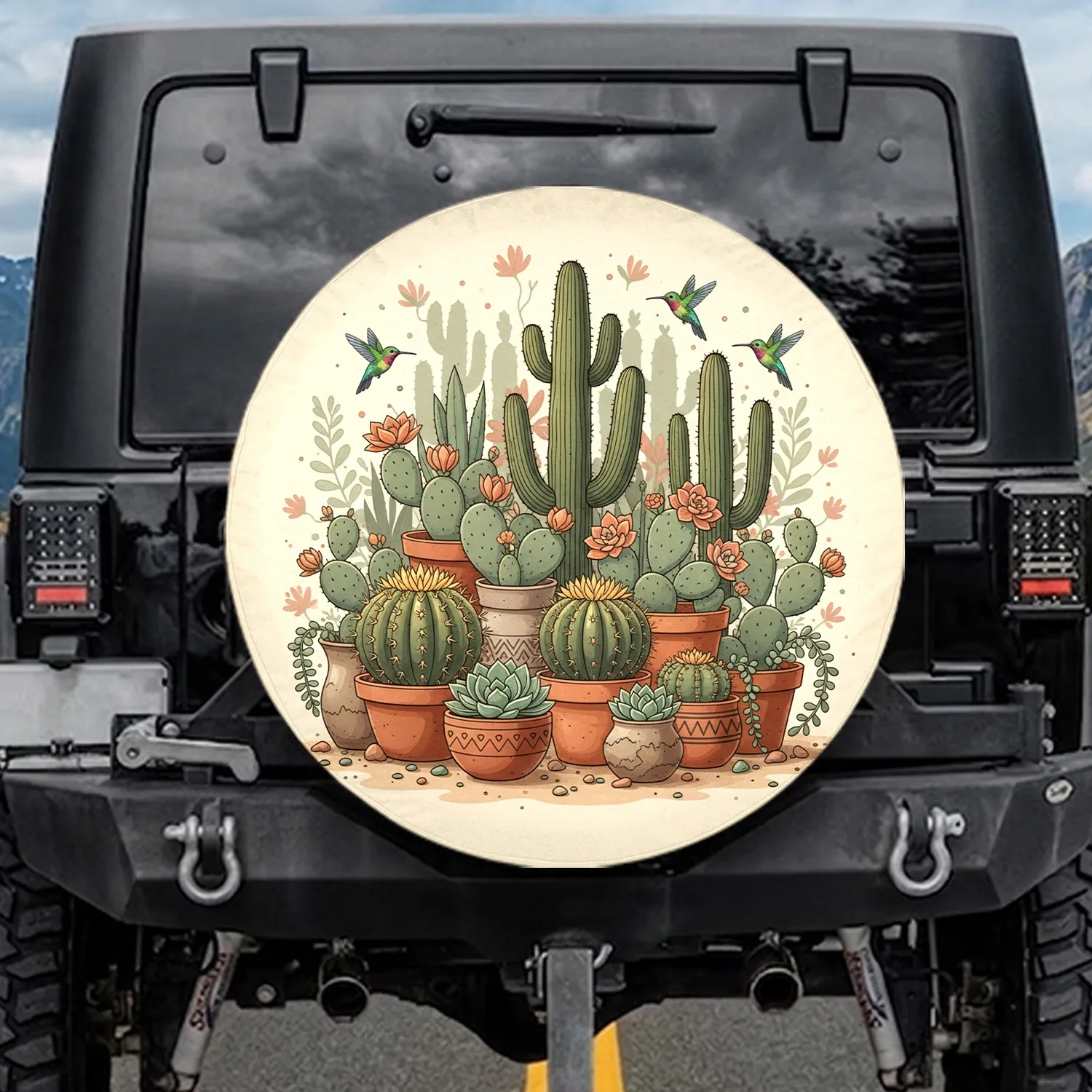 Potted Cacti Succulents Hummingbirds Desert Garden Decor Gift for Plant Lover Spare Tire Cover - 1