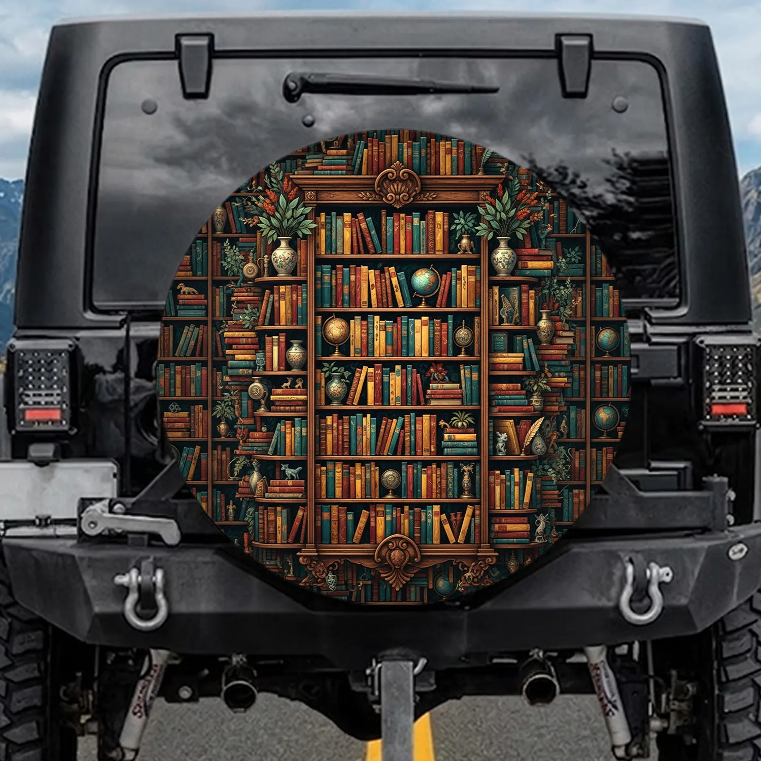 Bookshelf Library Books Vases Globes - Book Lover Gift Spare Tire Cover - 1