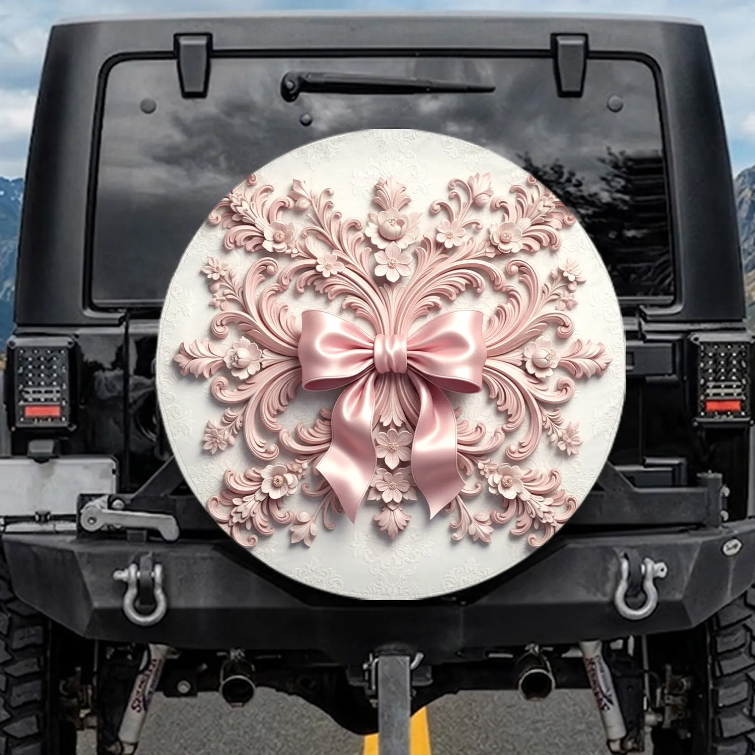 Pink Satin Bow Rococo Scrollwork Rose Gold Damask Floral - Home Decor Gift Spare Tire Cover - 1