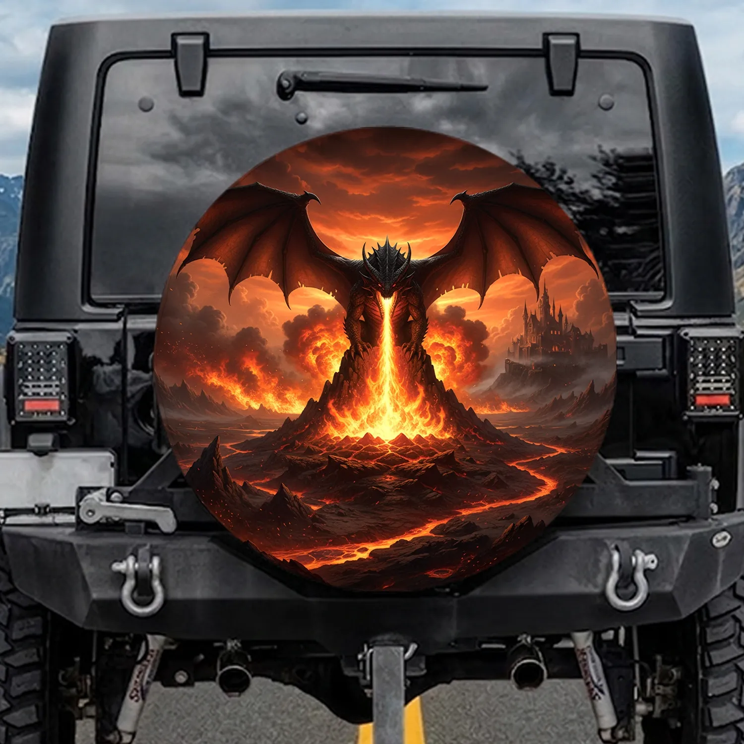 Black Dragon Lava Volcano Castle Apocalyptic Sky - Fantasy Lover Gift Spare Tire Cover - 1