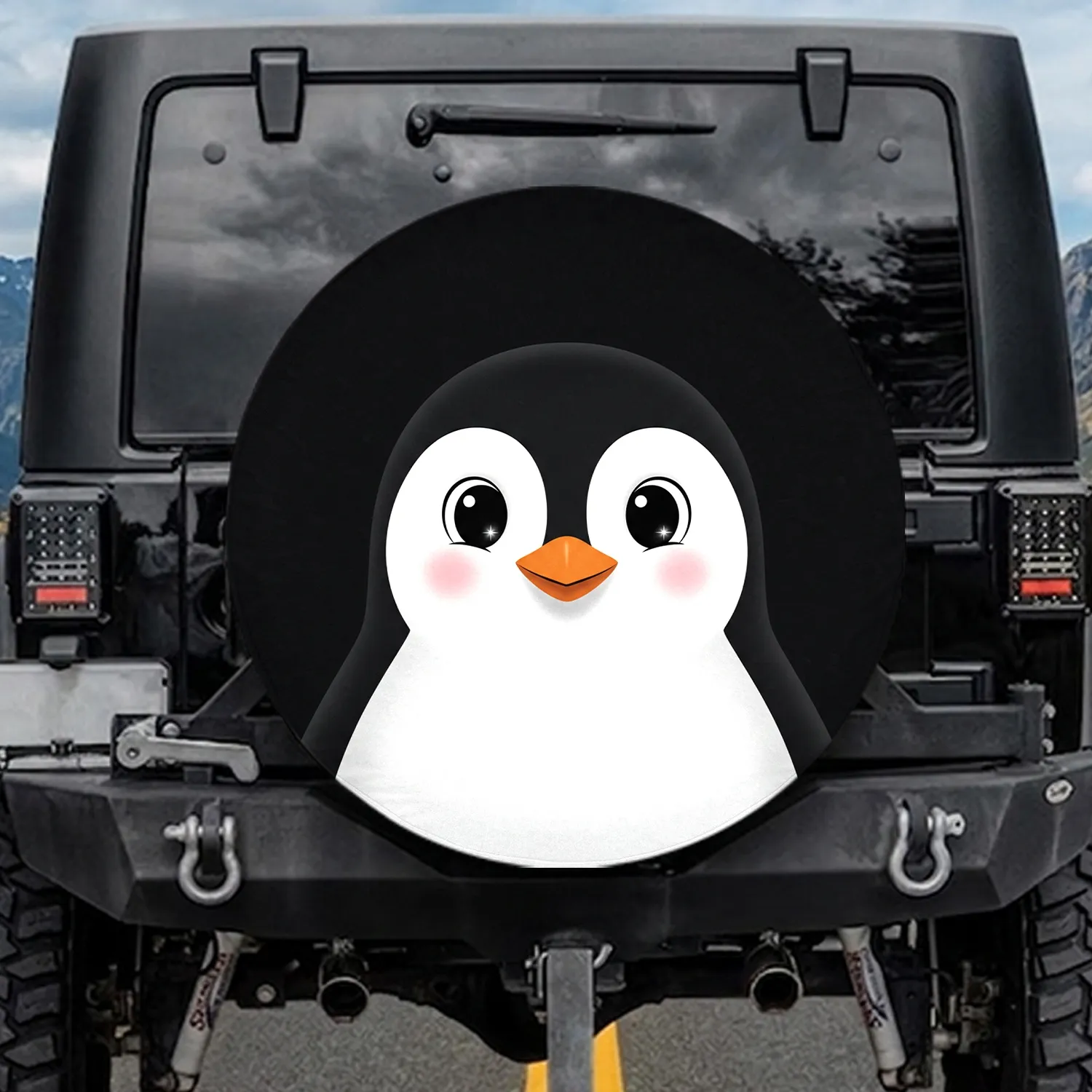 Penguin Face with Orange Beak and Pink Blush Spots - Penguin Lover Gift Spare Tire Cover - 1