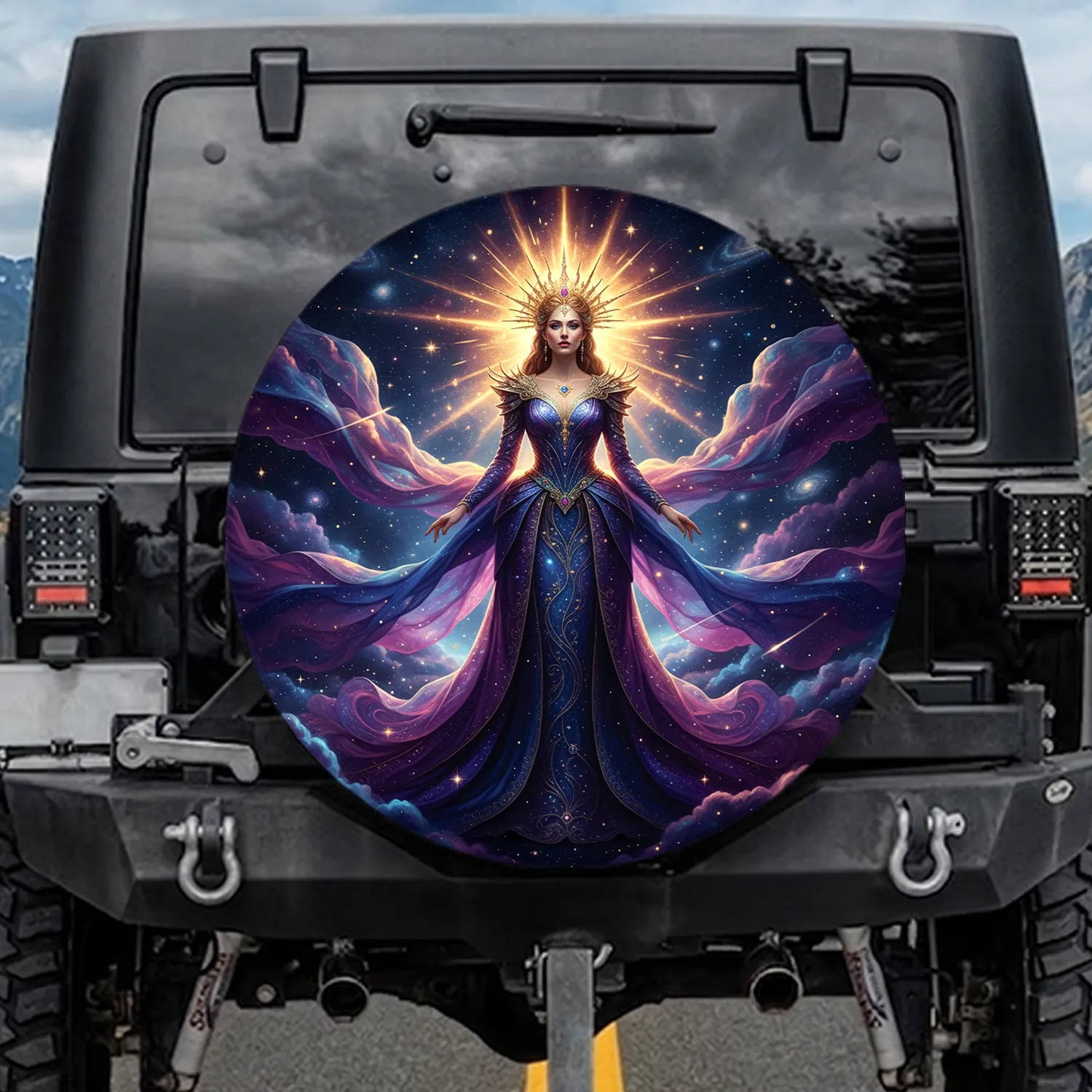 Celestial Queen Golden Crown Cosmic Nebula Stars - Fantasy Lover Gift Spare Tire Cover - 1