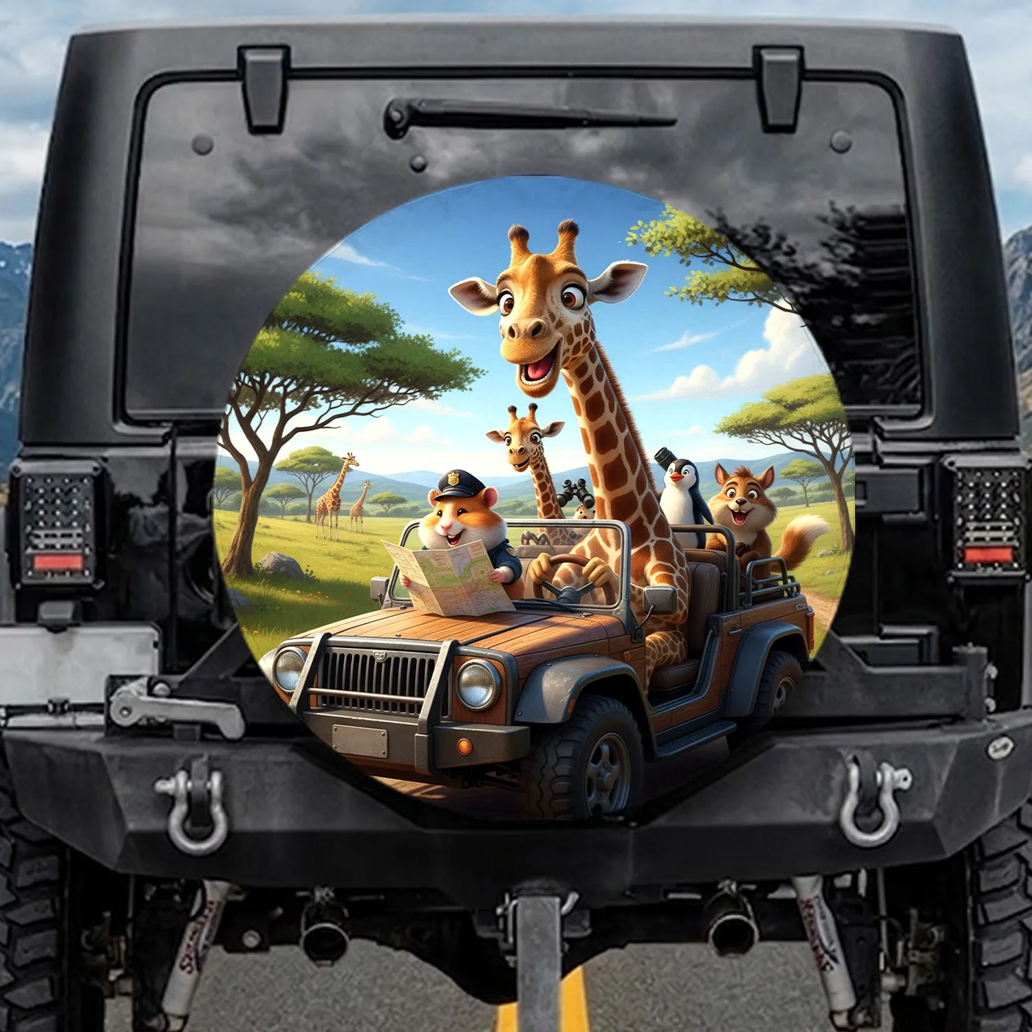 Giraffe Hamster Police Copilot Safari Adventure - Wildlife Lover Gift Spare Tire Cover - 1