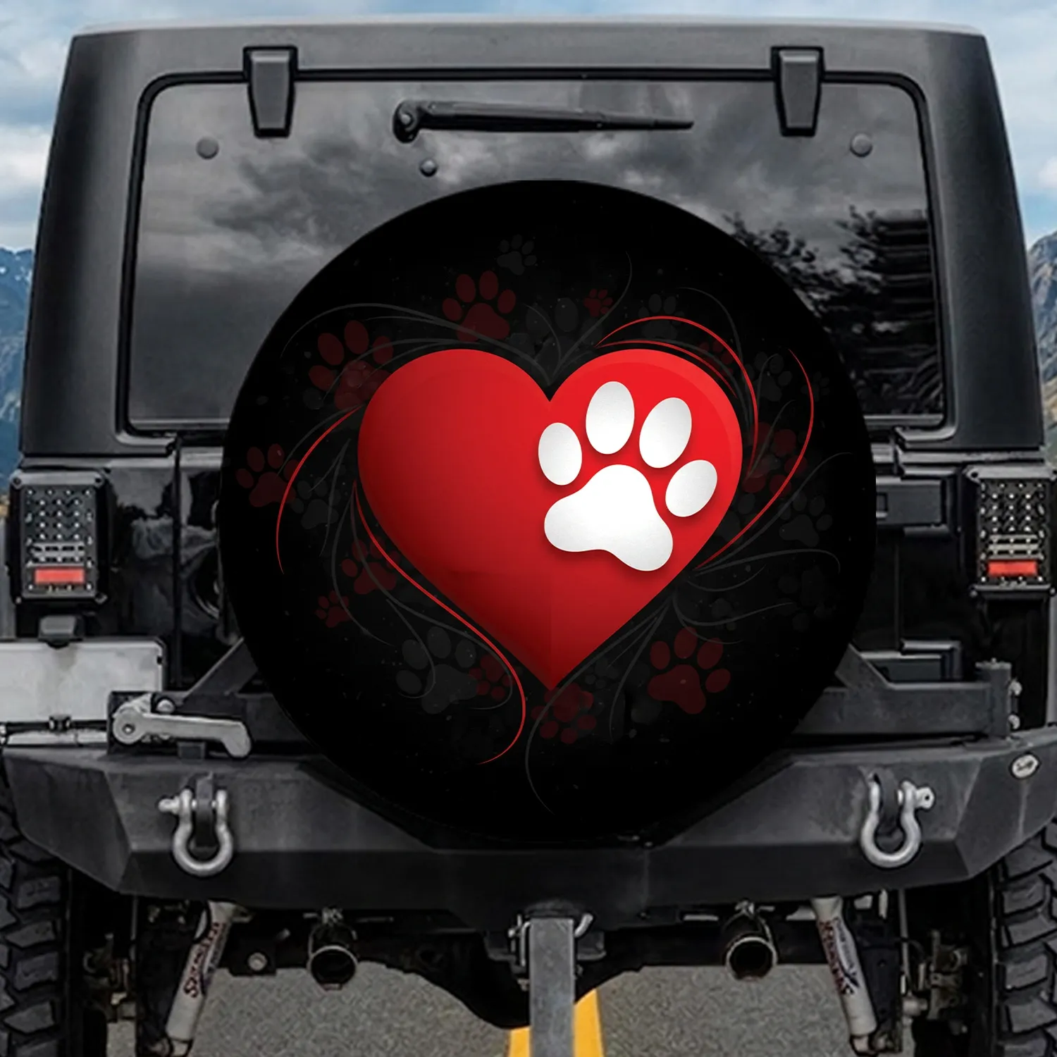 Vibrant Red Heart White Paw Print Swirls - Pet Lover Vehicle Decor Gift Spare Tire Cover - 1