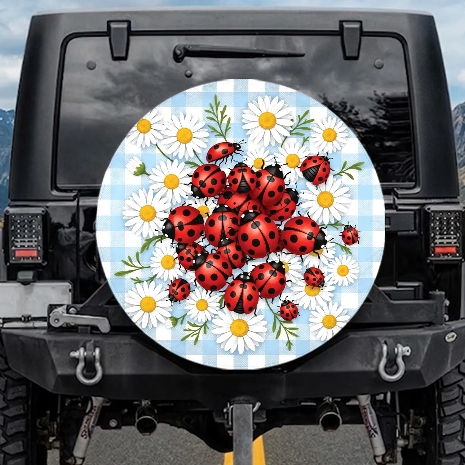 Red Black Ladybugs White Daisies Yellow Centers Blue Gingham Checkered - Outdoor Decor Gift Spare Tire Cover - 1