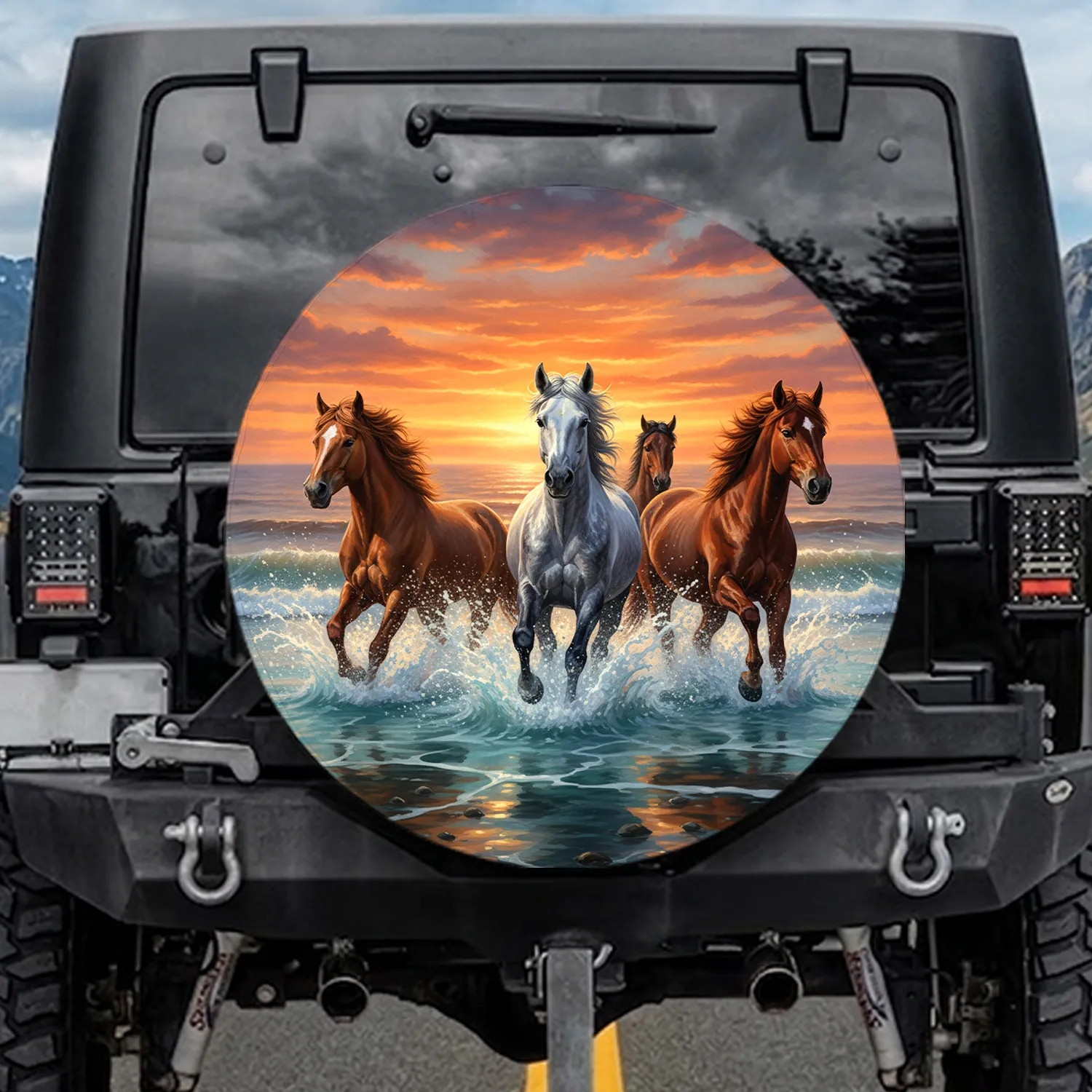 Wild Horses Ocean Gallop Sunset - Wildlife Lover Gift for Adventure Spare Tire Cover - 1