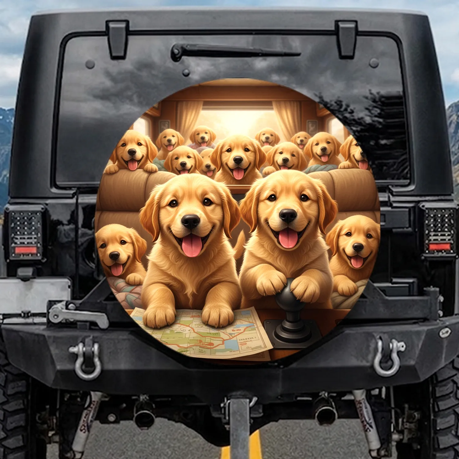 Golden Retriever Puppies Travel Cabin Adventure Road Trip Gift for Dog Lovers Spare Tire Cover - 1