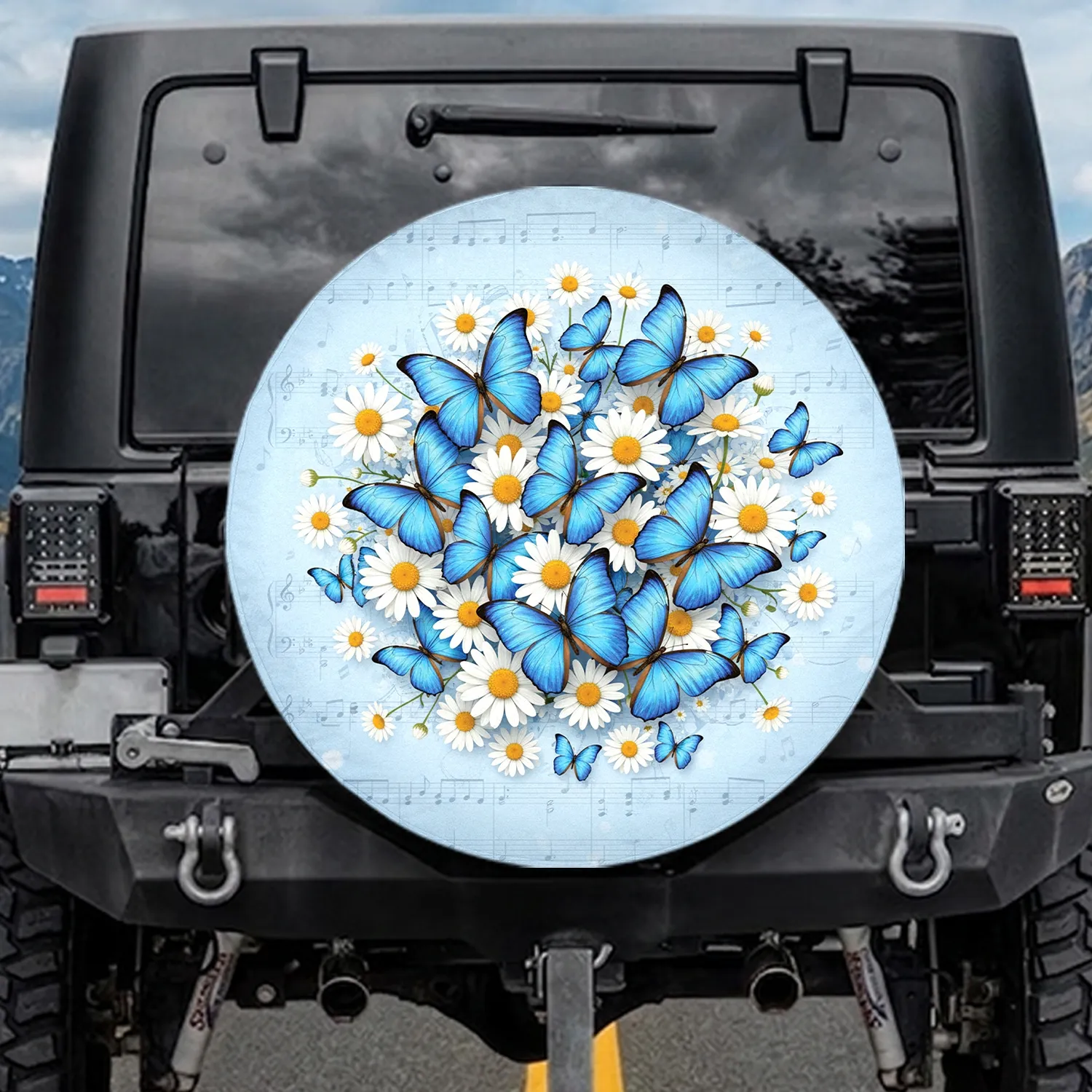 Blue Morpho Butterflies Floral Daisies Garden - Home Decor Gift for Garden Lovers Spare Tire Cover - 1