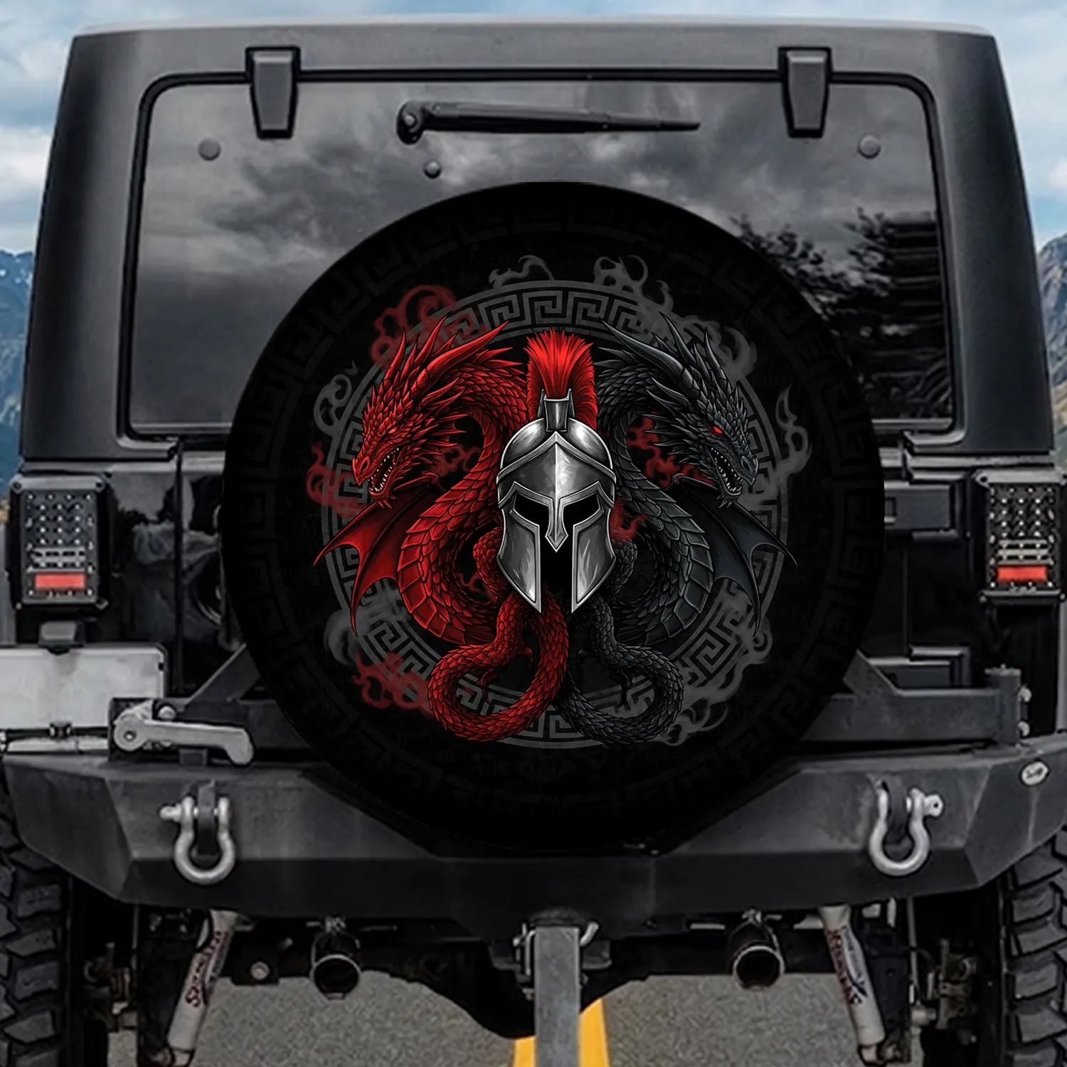 Spartan Helmet Dragon Greek Key Battle - Fantasy Lover Home Decor Gift Spare Tire Cover - 1