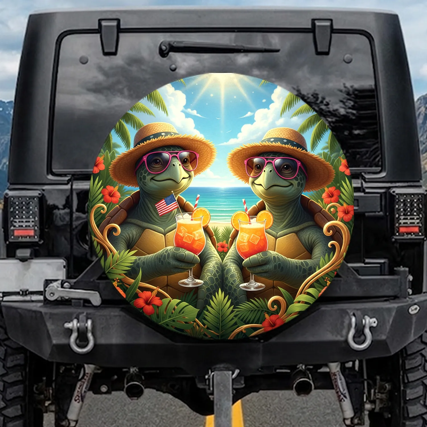 Turtles Straw Hats Cocktails American Flag Ocean - Independence Day Trip Spare Tire Cover - 1