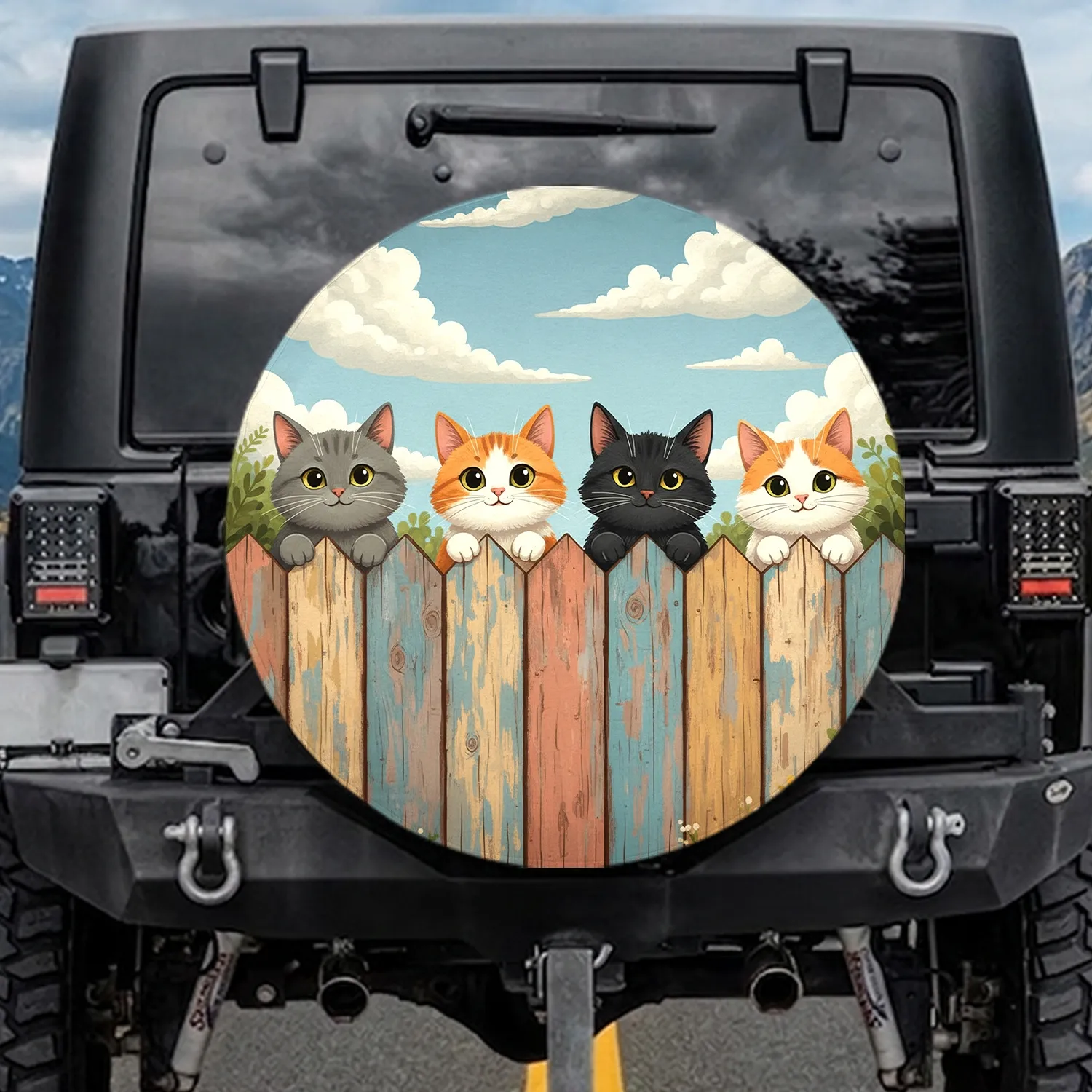 Five Cats Peeking Rustic Wooden Fence Cumulus Clouds - Cat Lover Outdoor Lifestyle Gift Spare Tire Cover - 1