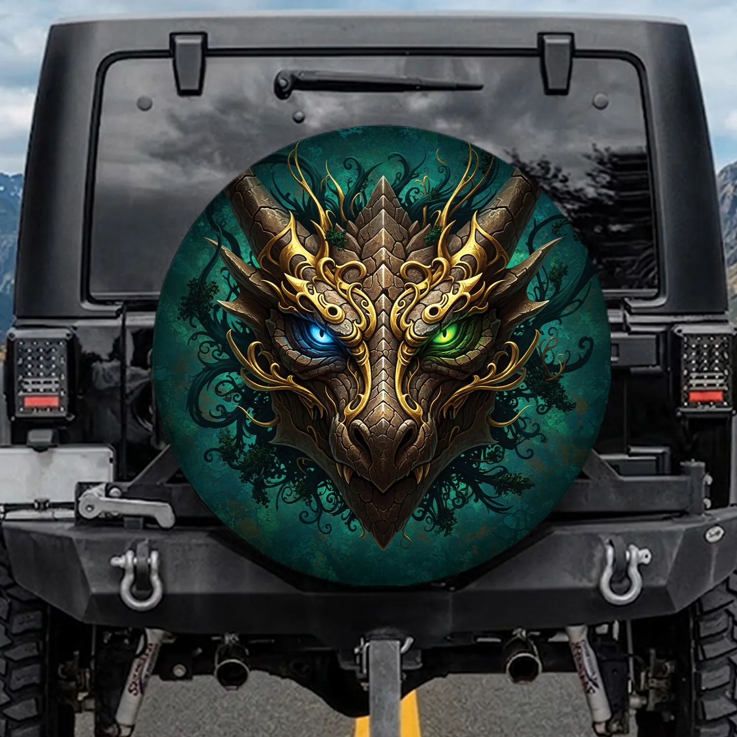 Majestic Dragon Glowing Reptilian Eyes Gold Filigree - Fantasy Lover Gift Spare Tire Cover - 1