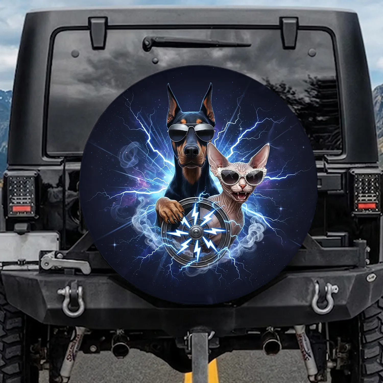 Doberman Pinscher Sphynx Cat Aviator Sunglasses Lightning - Pet Lover Home Decor Gift Spare Tire Cover - 1