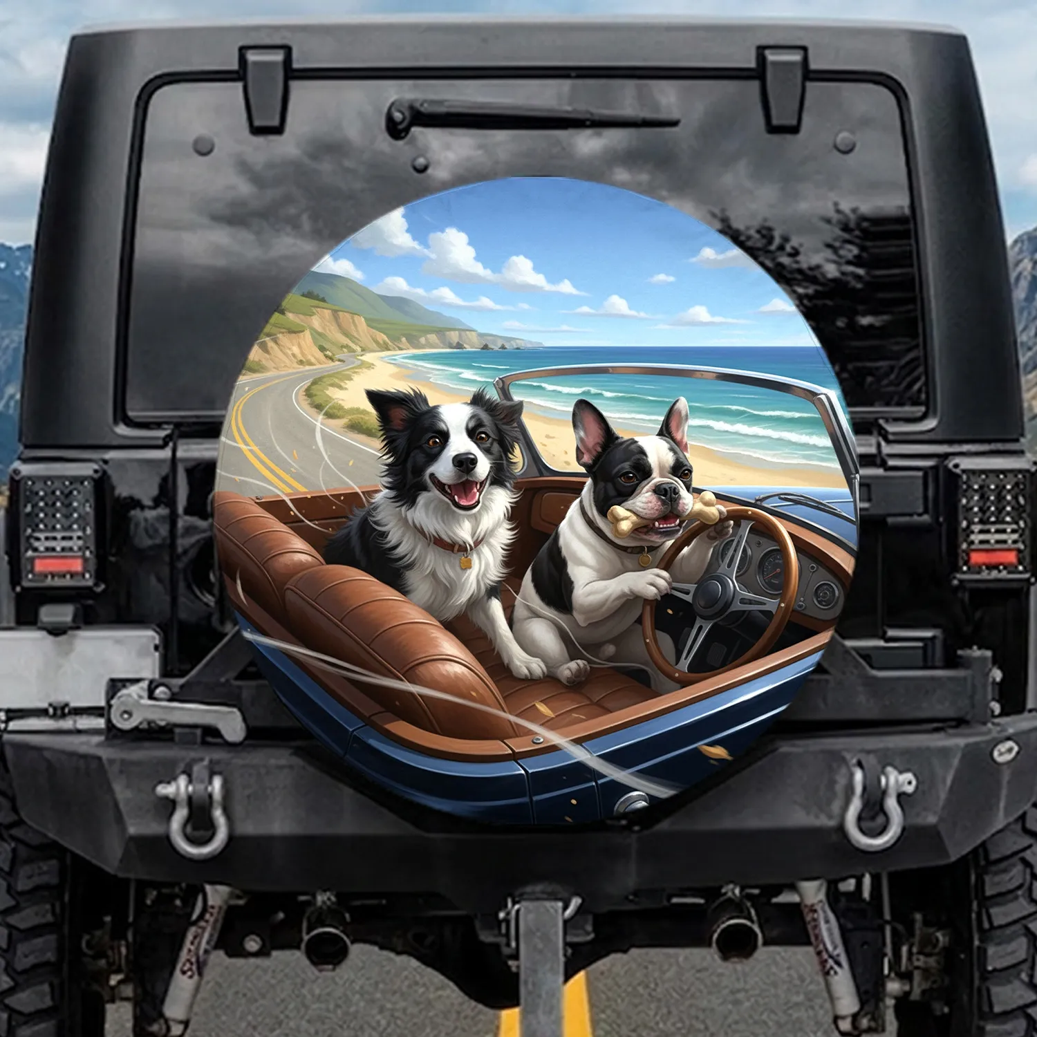 Dogs Driving Classic Car Coastal Road - Travel Essentials Gift for Dog Lovers Spare Tire Cover - 1