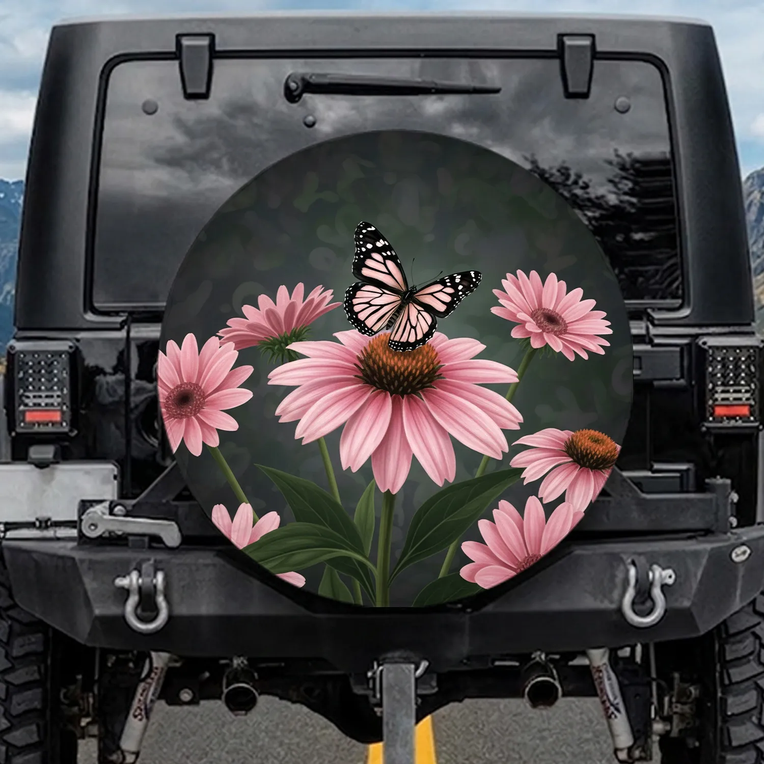 Monarch Butterfly Pink Coneflower Dark Green Foliage Floral - Garden Lover Gift Spare Tire Cover - 1