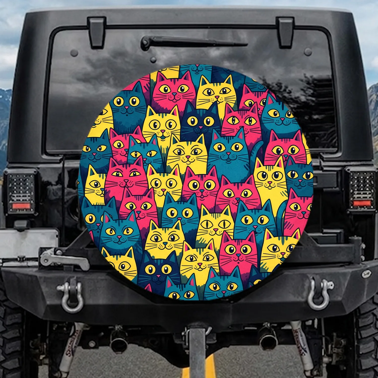 Quirky Feline Faces, Interlocking Cat Assembly with Prominent Eyes - Cat Lover Gift Spare Tire Cover - 1