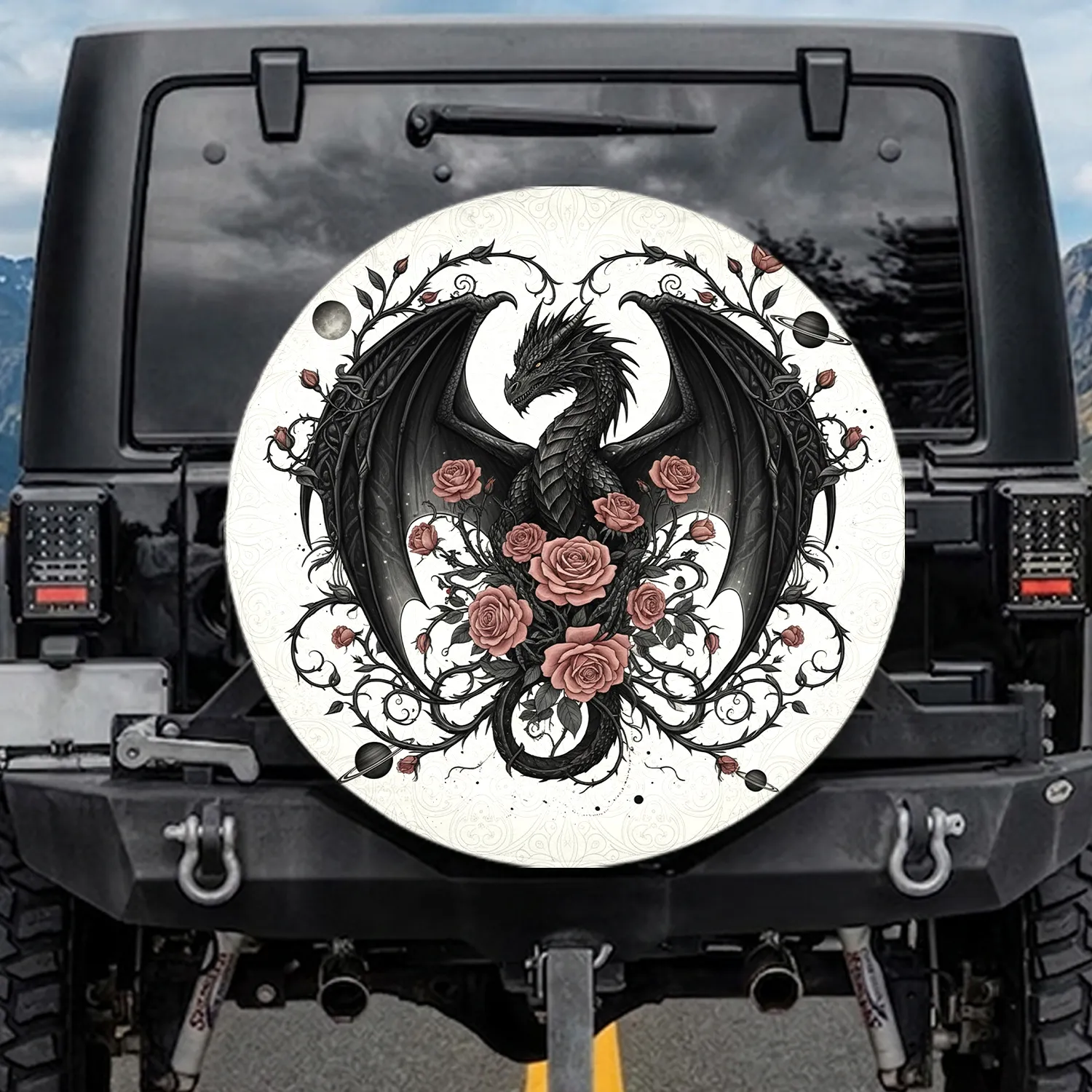 Black Dragon Dusty Rose Roses Thorn Branches - Dark Fantasy Gift for Fantasy Lover Spare Tire Cover - 1