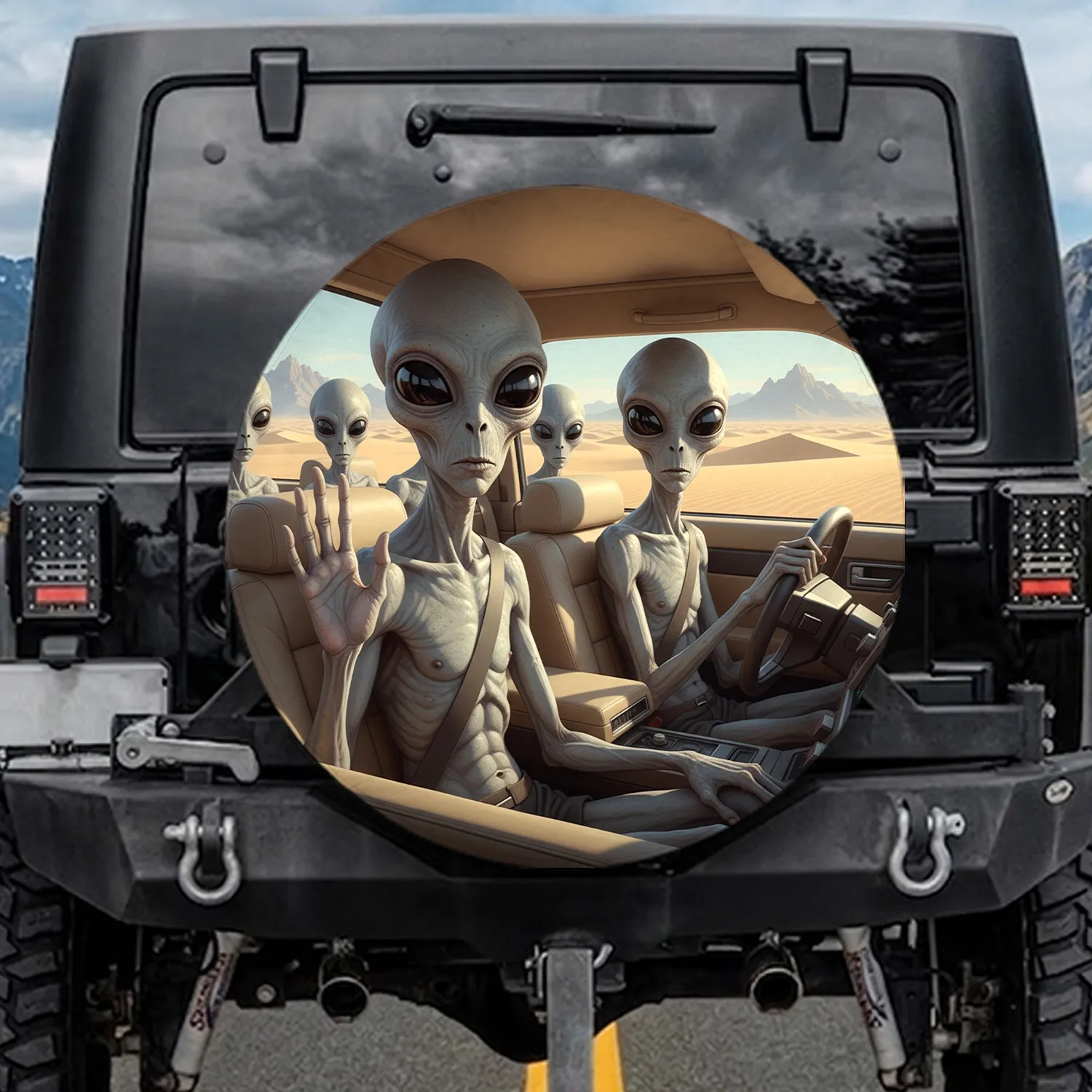 Grey Aliens Car Interior Desert View - Sci-Fi Lover Road Trip Gift Spare Tire Cover - 1