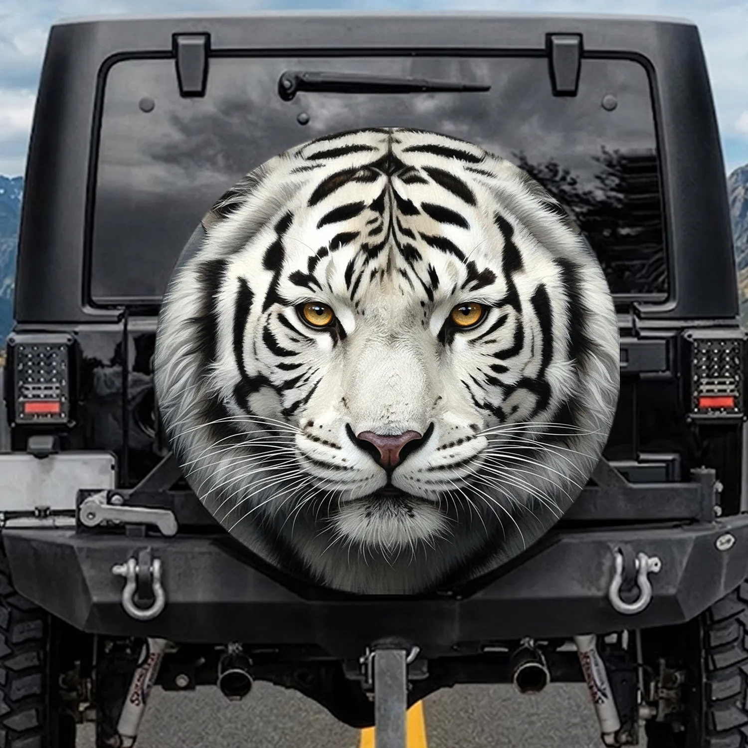 White Tiger Golden Gaze Fur Stripes - Outdoor Vehicle Decor for Tiger Lover Spare Tire Cover - 1