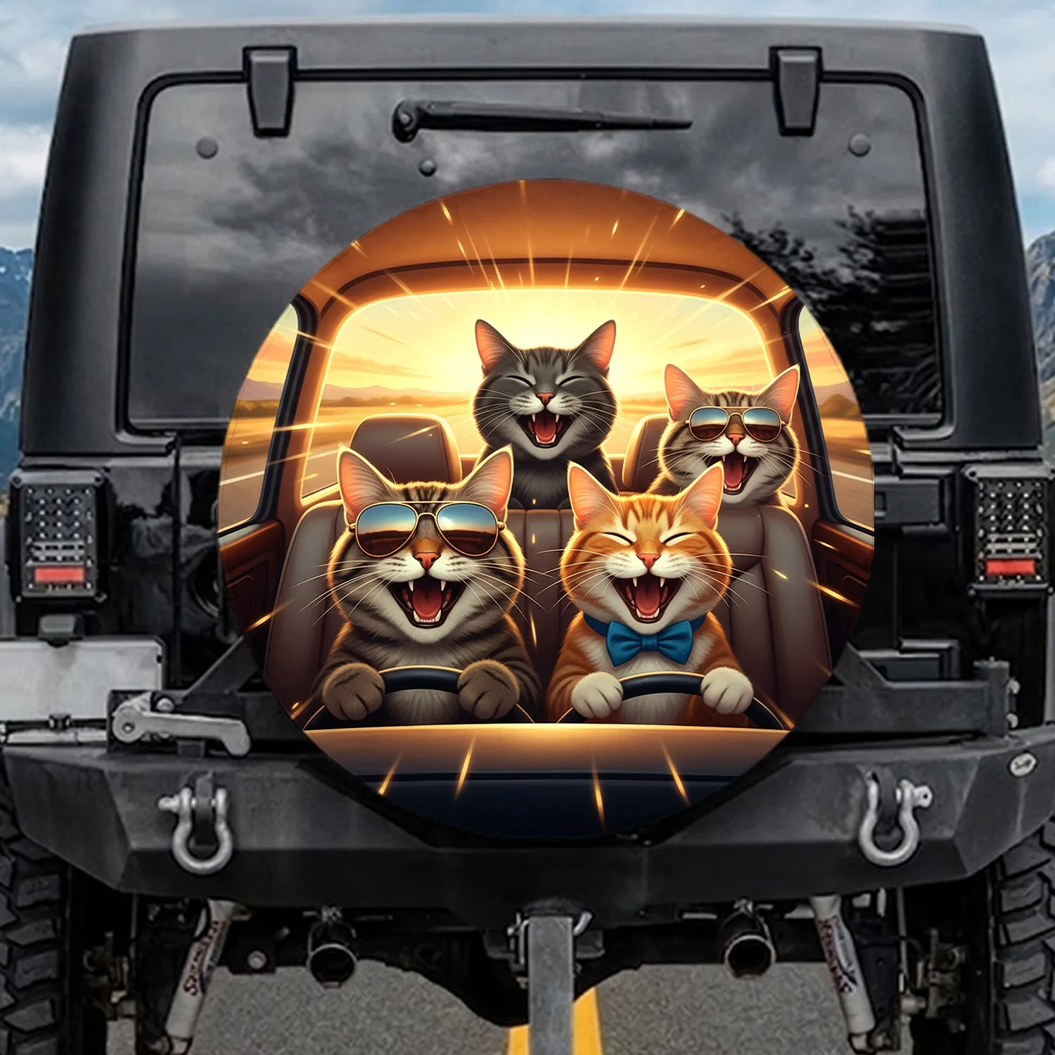 Four Happy Felines Road Trip Adventure - Travel Lover Gift for Cat Owners Spare Tire Cover - 1