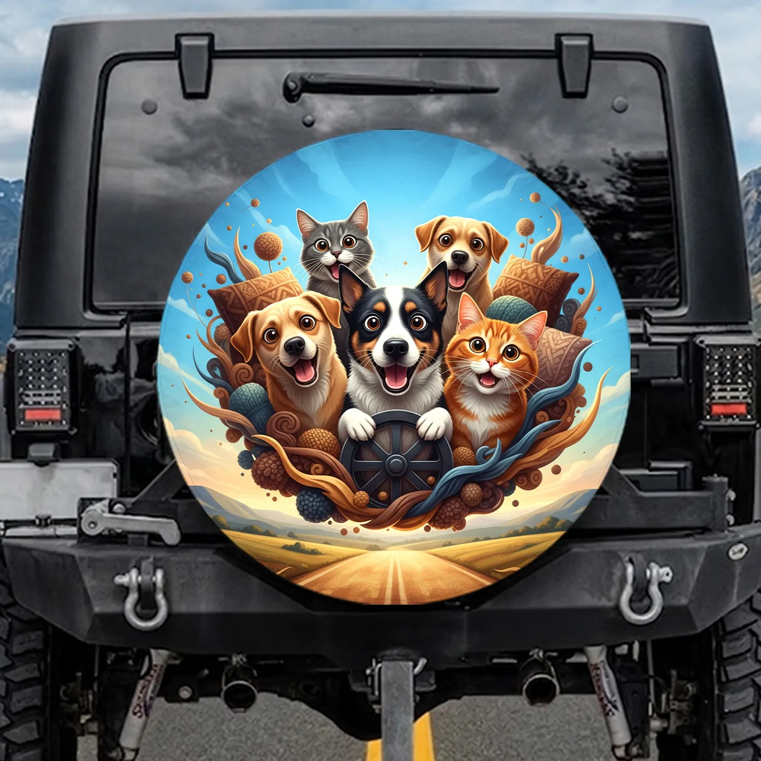 Comical Exaggerated Dogs Cats Group - Pet Lover Travel Gift for Dog Cat Owners Spare Tire Cover - 1