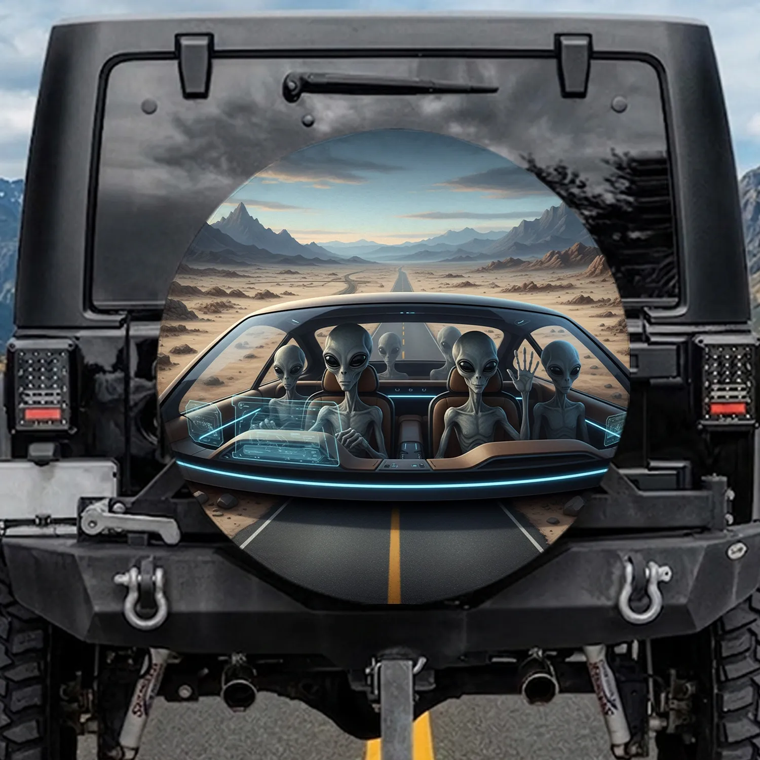 Alien Crew Futuristic Vehicle Desert Landscape - Road Trip Essentials Gift Spare Tire Cover - 1