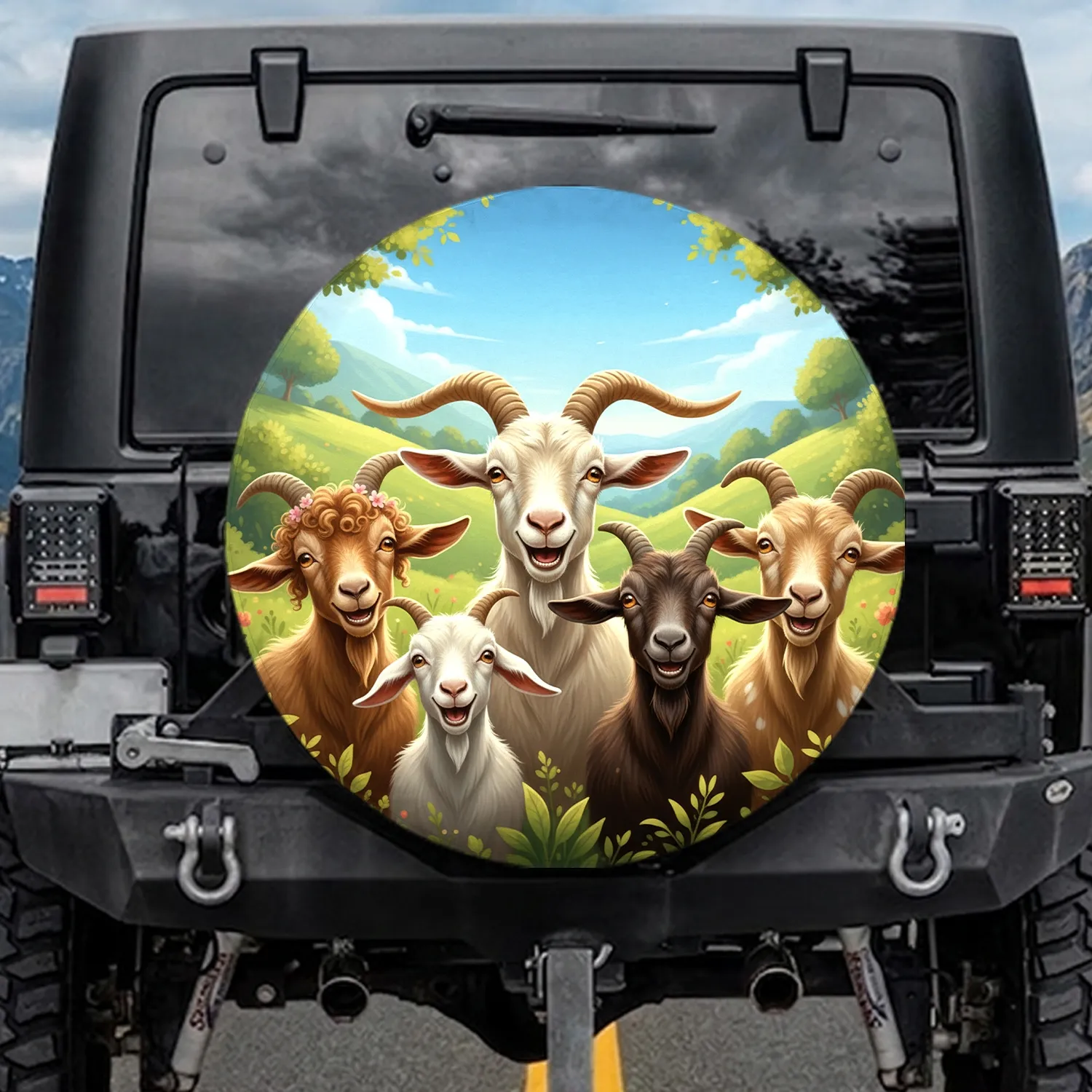 Joyful Goats Green Hills - Wildlife Lover Gift for Goat Lover Spare Tire Cover - 1