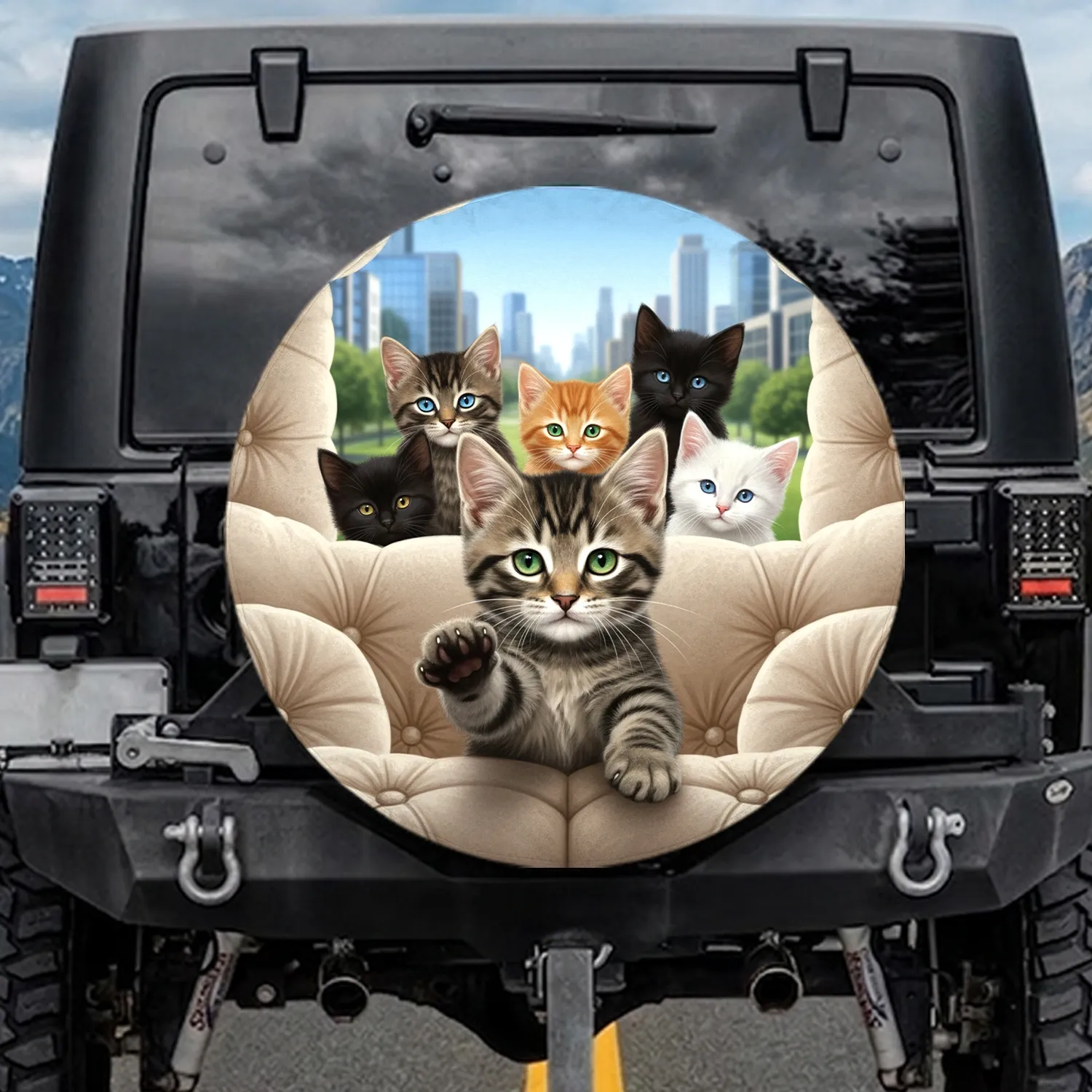 Charismatic Tabby Kitten Group Urban Cityscape Blue Sky Scene - Kitten Lover Gift Spare Tire Cover - 1