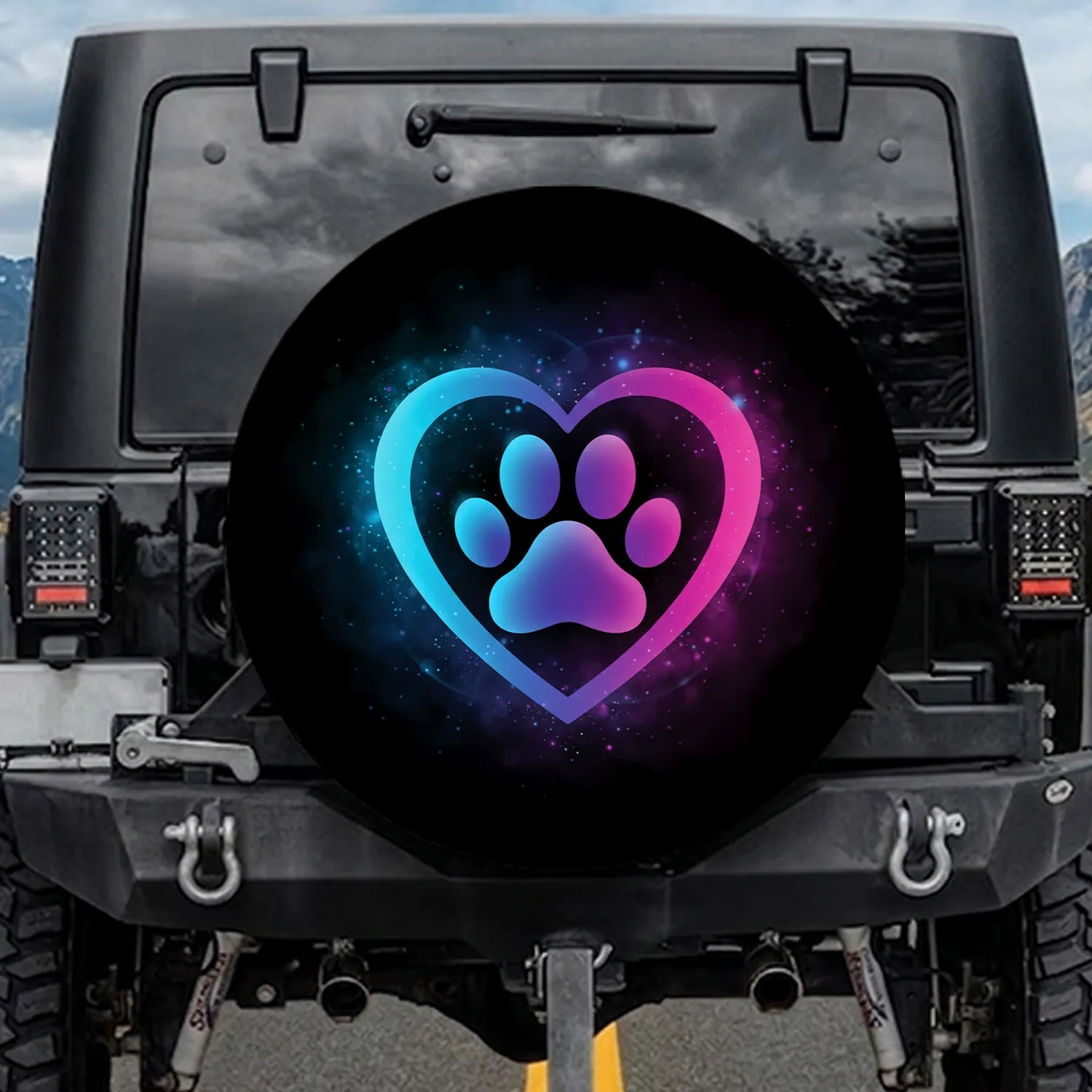 Cosmic Gradient Heart Paw Print with Ethereal Light Trails & Atmospheric Glows - Pet Lover Lifestyle Gift Spare Tire Cover - 1
