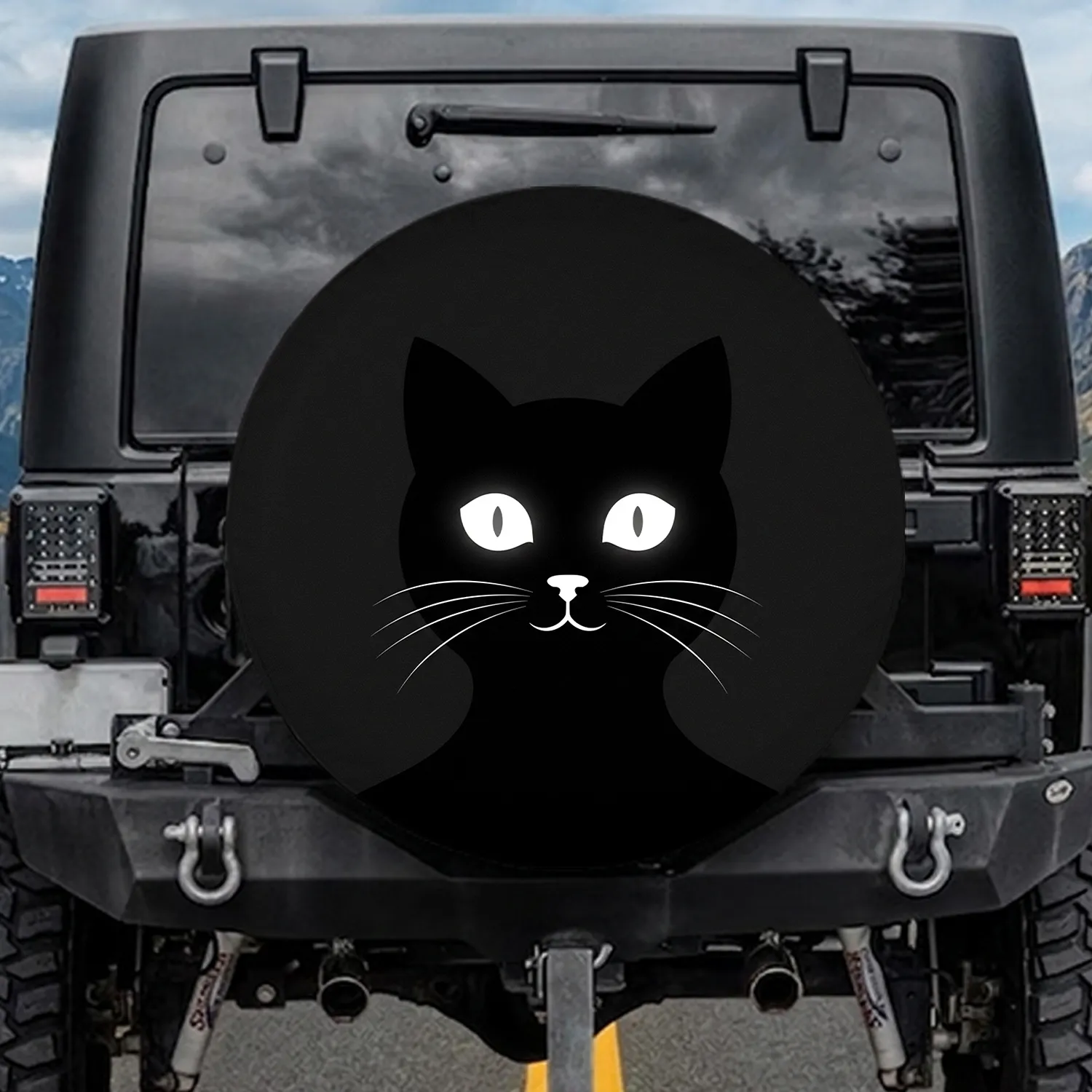 Black Cat Head Silhouette Piercing White Eyes - Cat Lover Travel Essentials Gift Spare Tire Cover - 1