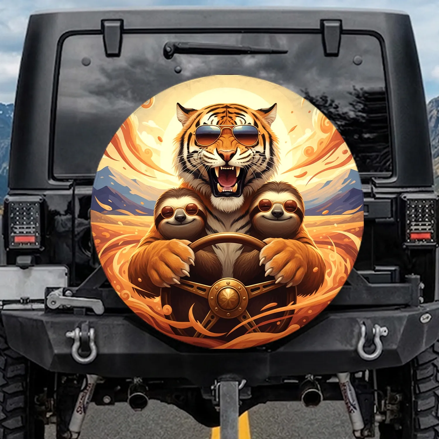 Majestic Tiger Sloth Aviator Sunglasses Steering Wheel - Travel Adventure Gift Spare Tire Cover - 1