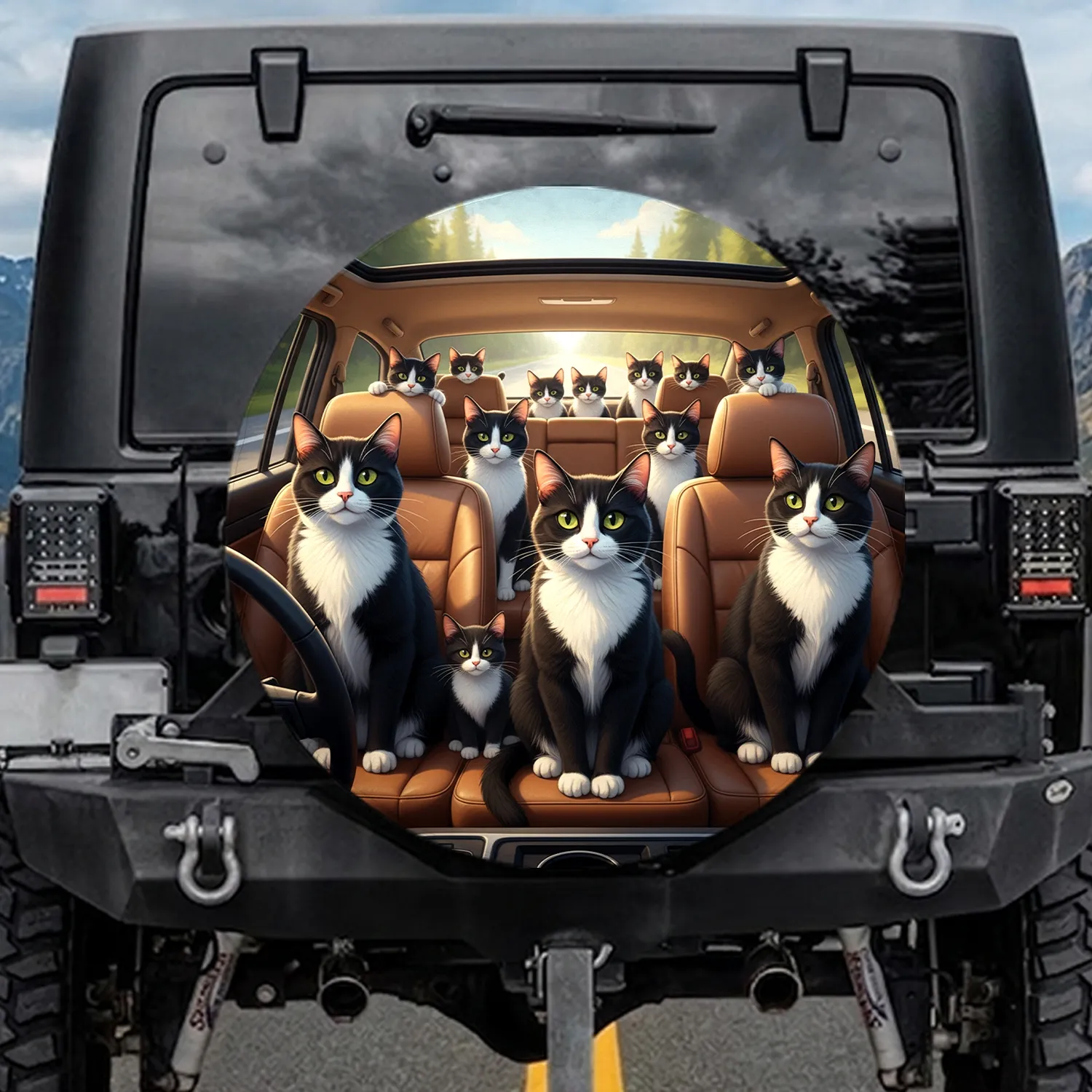Tuxedo Cats Car Interior Highway - Cat Lover Vehicle Decor Gift Spare Tire Cover - 1