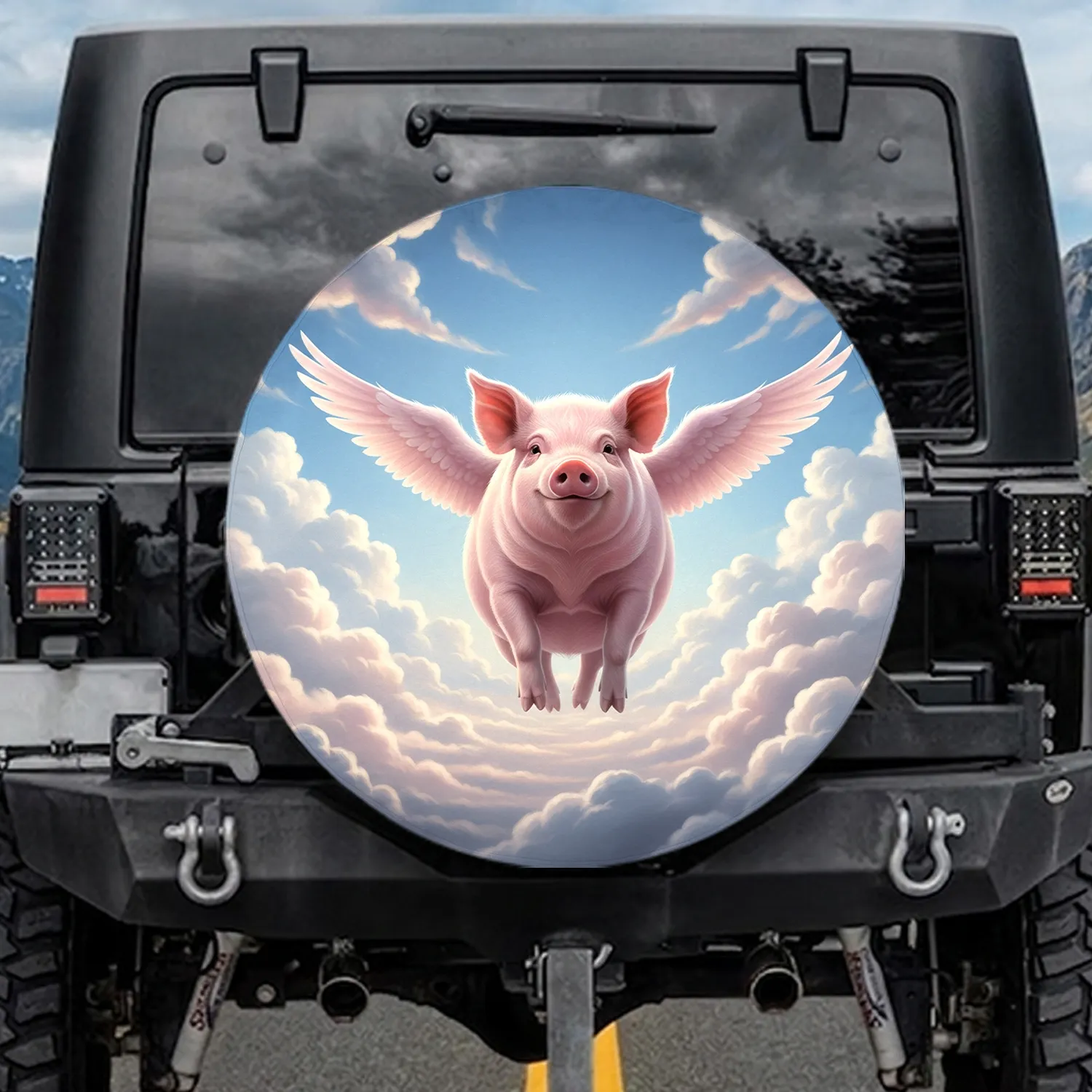 Chubby Pink Pig with Wings Ethereal Clouds Blue Sky - Hopeful Home Decor Gift for Pig Lover Spare Tire Cover - 1