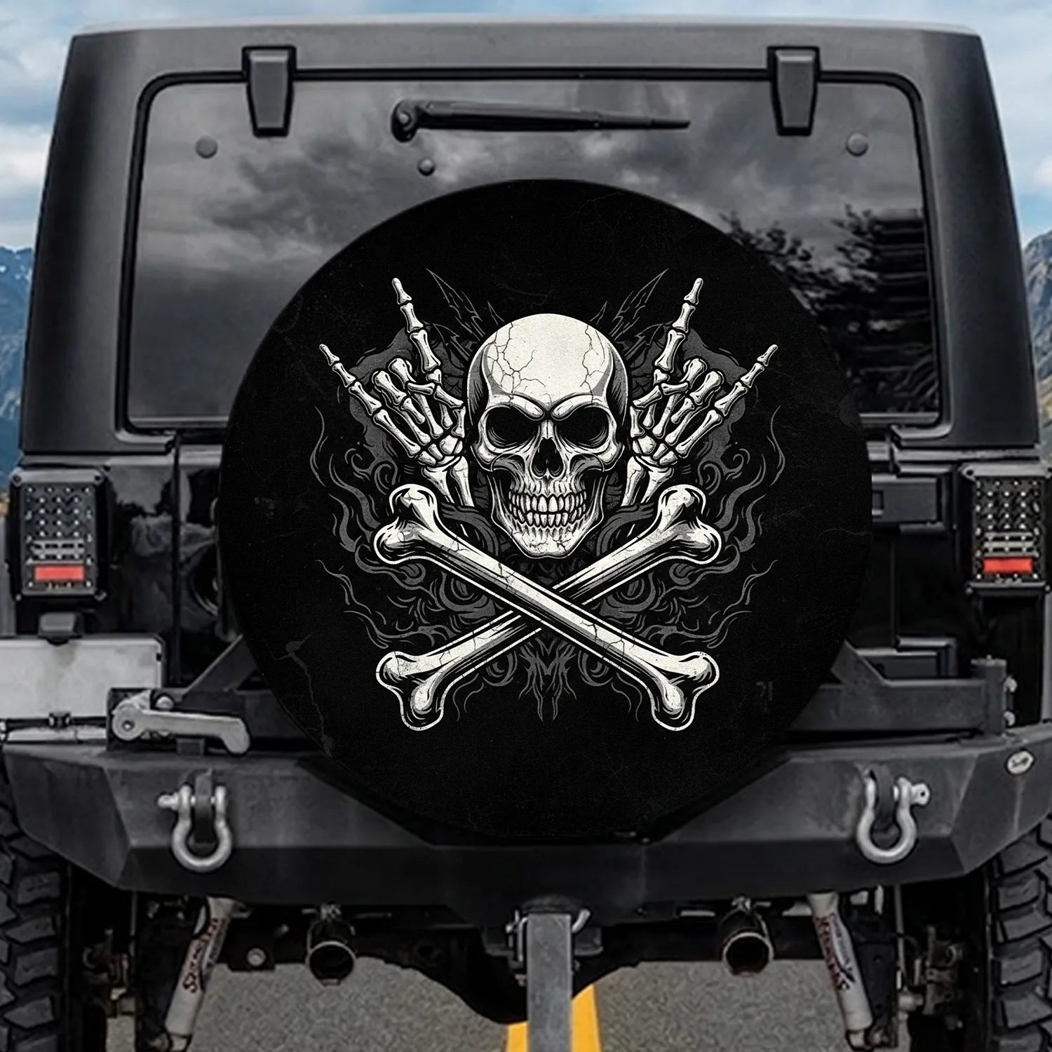 Skull Menacing Teeth Rock On Skeleton Hands Crossbones - for Heavy Metal Fan Gift Spare Tire Cover - 1