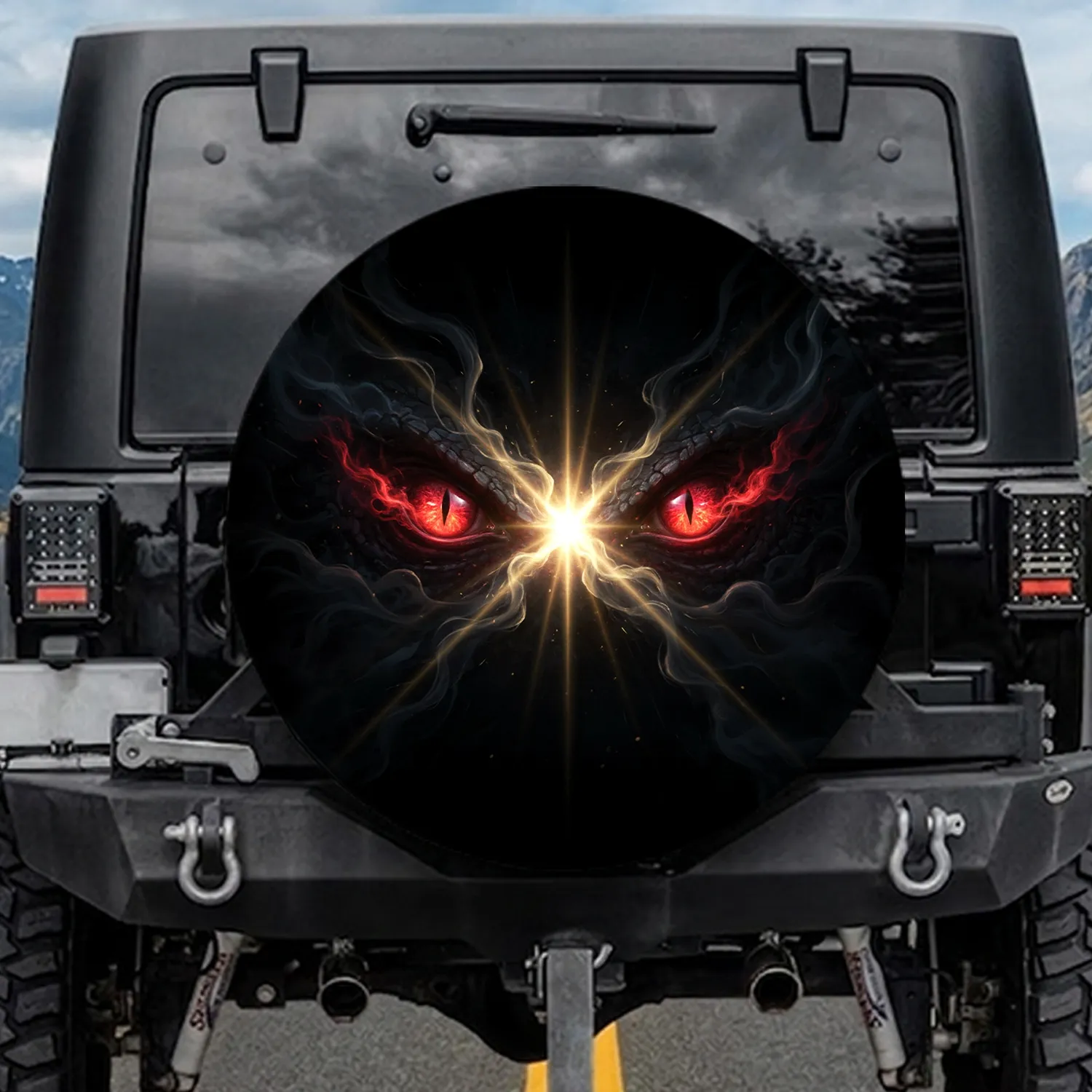 Fiery Crimson Glowing Reptilian Eyes, Golden White Light Rays, Ethereal Mist - Fantasy Lover Gift Spare Tire Cover - 1