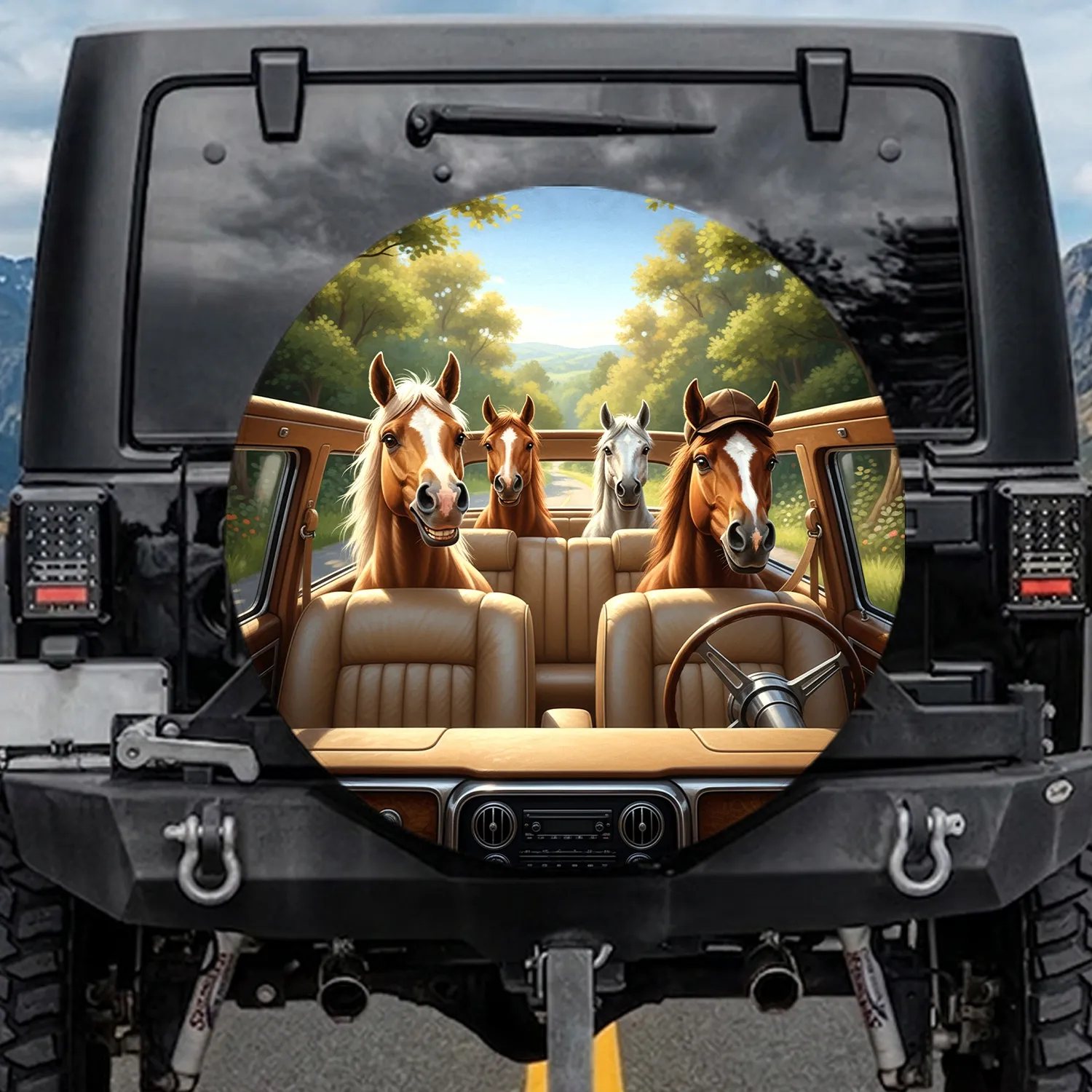 Palomino Brown Horses Driving Car Interior Scenic Road Trip - Adventure Travel Gift Spare Tire Cover - 1