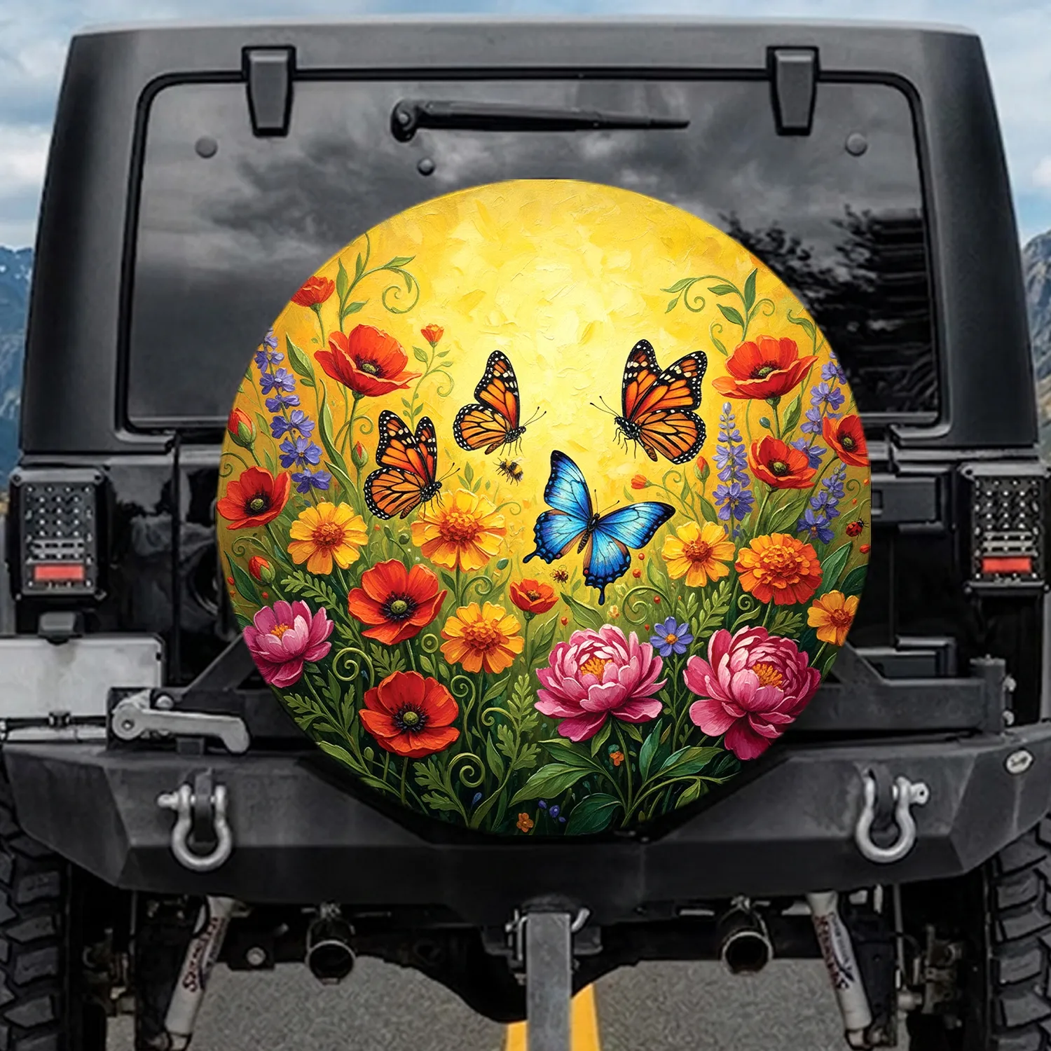 Monarch Blue Butterflies Blooming Flowers Sunlit Field - Garden Lover Gift Spare Tire Cover - 1