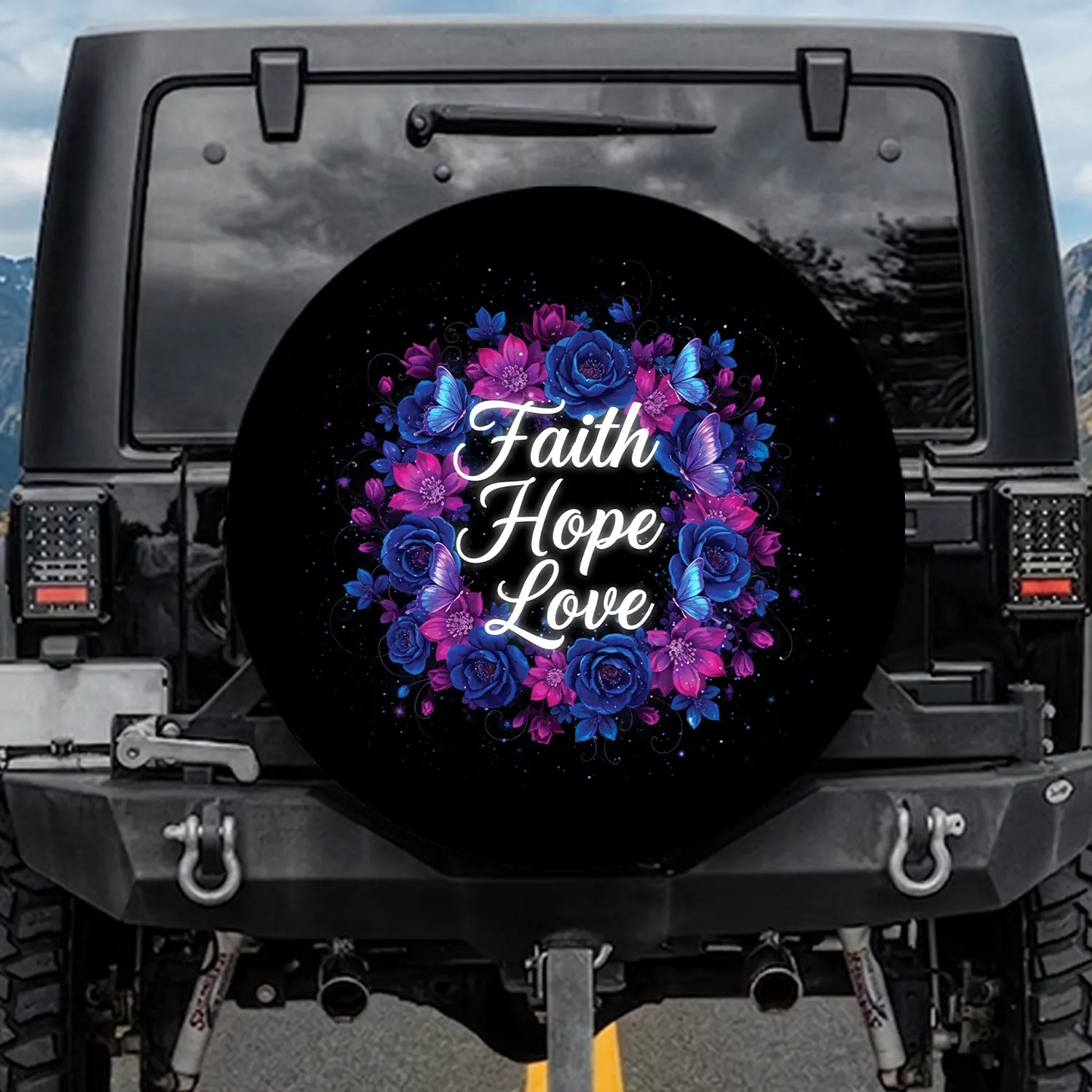 Faith Hope Love Luminous Flowers Butterflies Midnight Bokeh Stars - Inspirational Gift Spare Tire Cover - 1