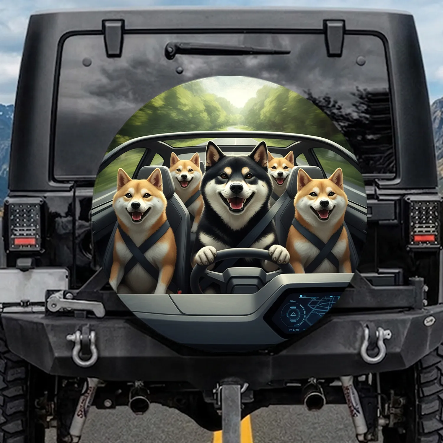 Black Shiba Inu Dogs Car Ride - Road Trip Adventure Gift Spare Tire Cover - 1