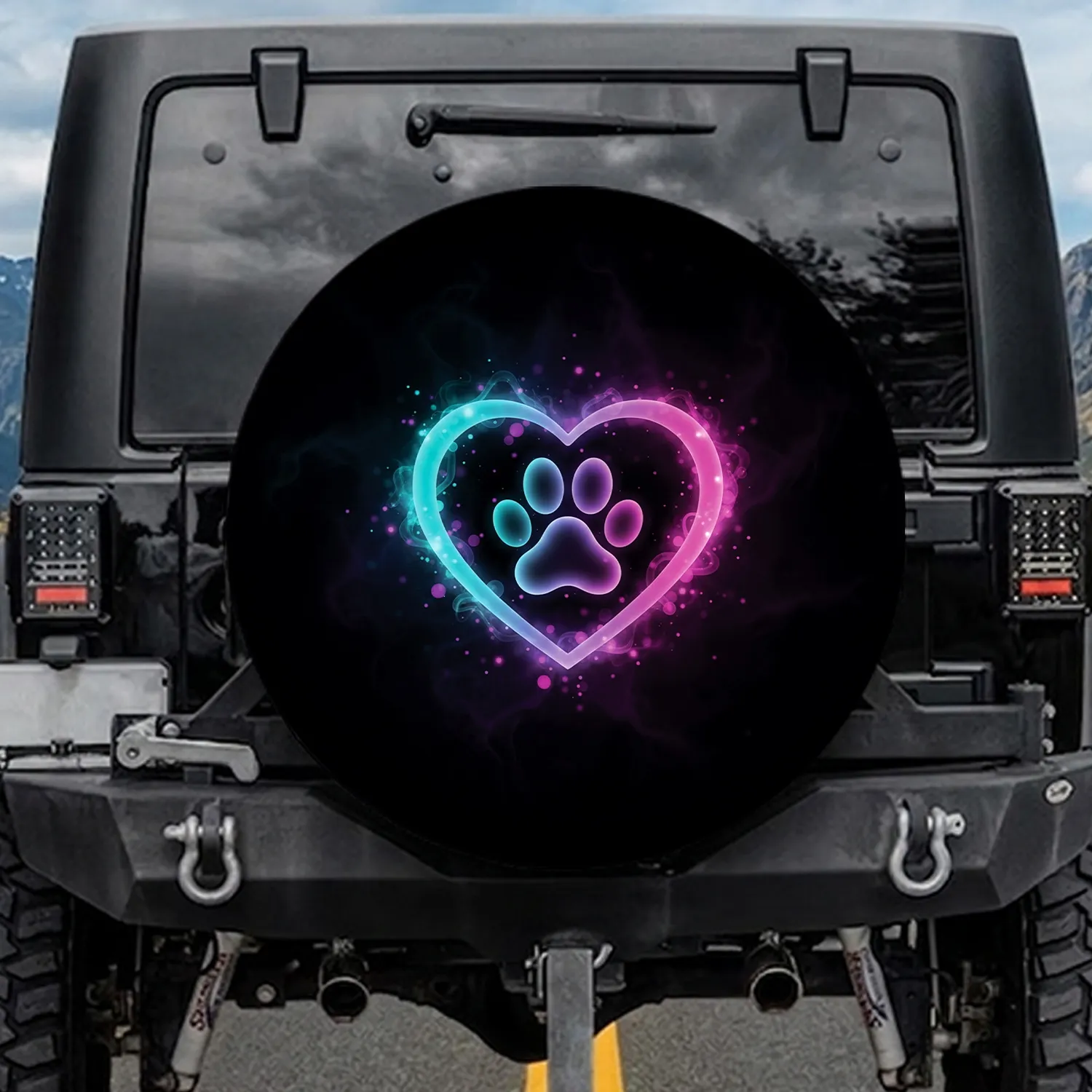 Heart Outline Paw Print Light Trails Energy Wisps Bokeh Effects - Pet Lover Gift Vehicle Decor Spare Tire Cover - 1