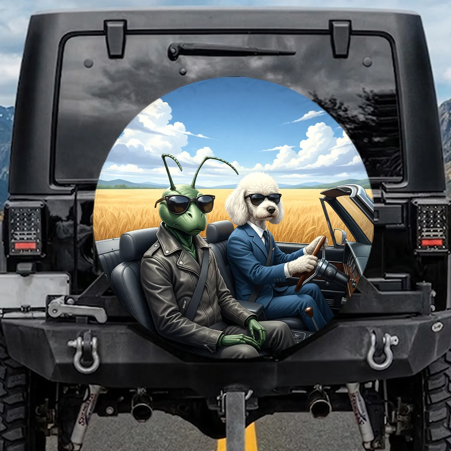 Ant Poodle Driving Open Top Cruiser Sun-drenched Golden Field - Road Trip Adventure Gift Spare Tire Cover - 1