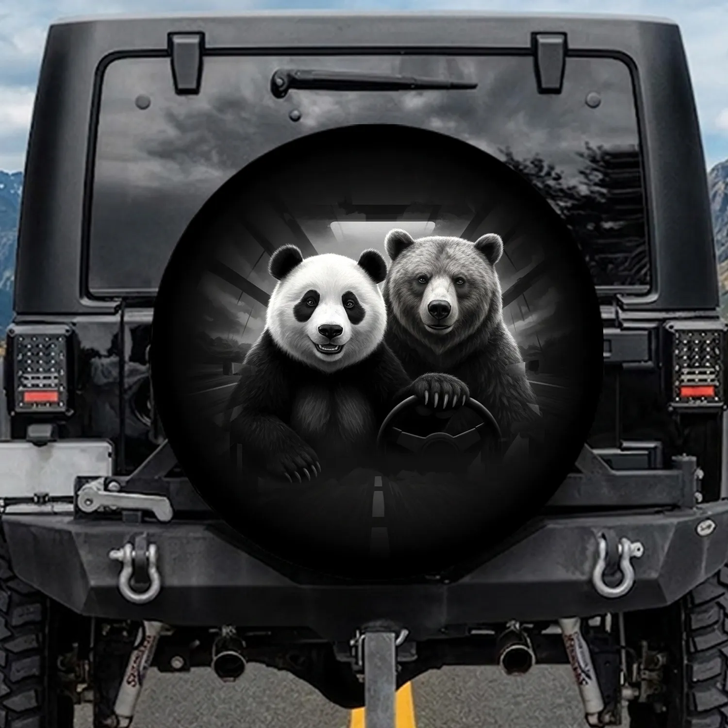 Panda Grizzly Bear Driving - Adventure Travel Gift for Wildlife Lovers Spare Tire Cover - 1