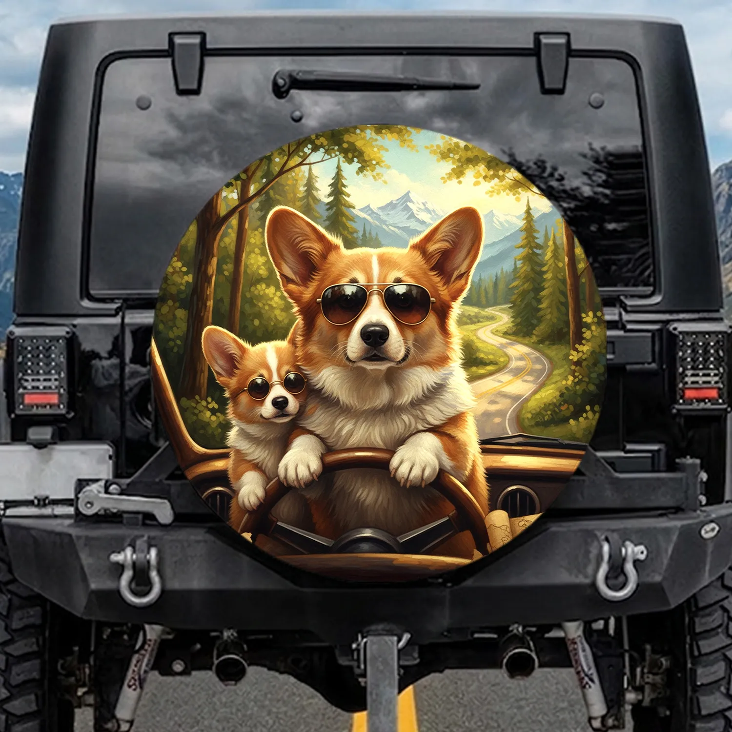 Aviator Corgi Puppy Forest Road Trip - Dog Lover Travel Essentials Spare Tire Cover - 1