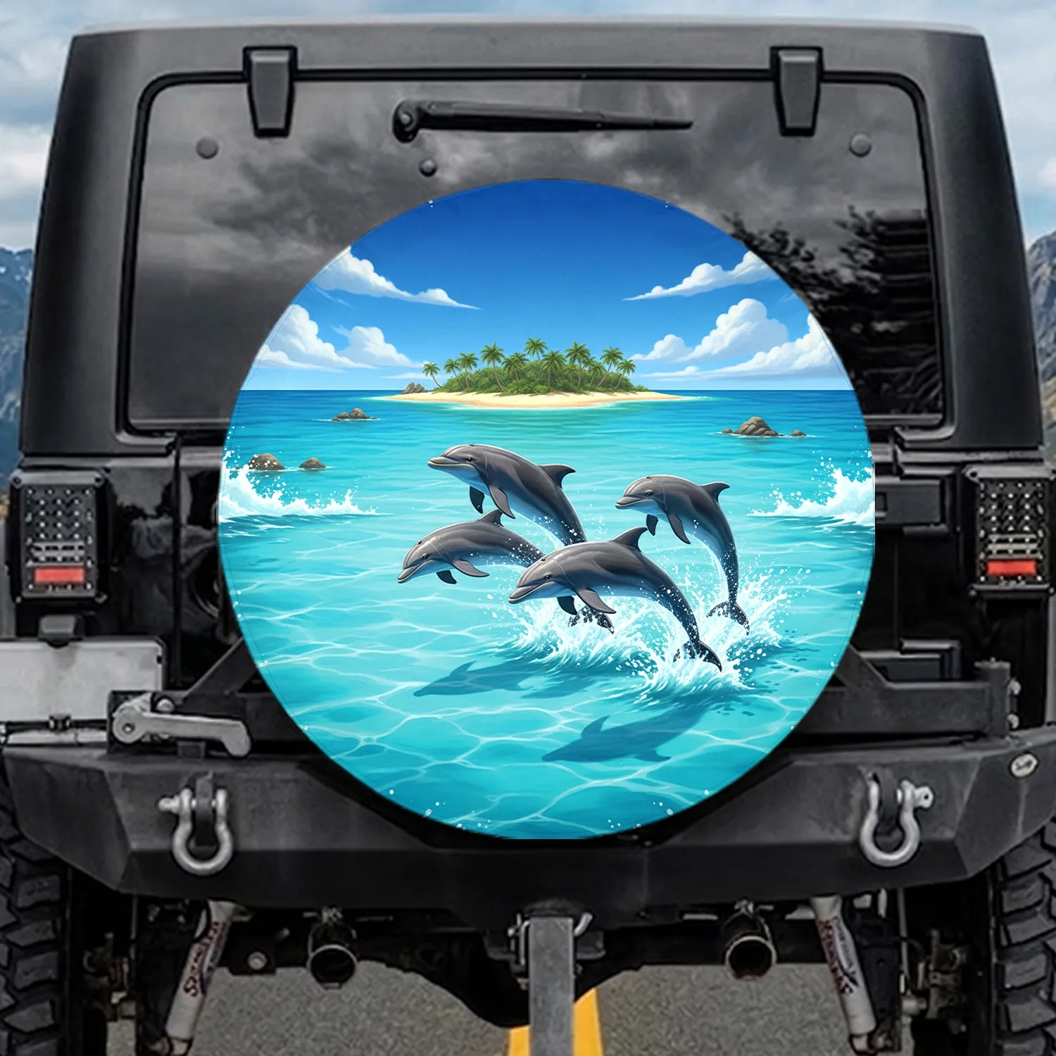 Arching Dolphins Tropical Ocean Island - Beach Lover Gift Spare Tire Cover - 1