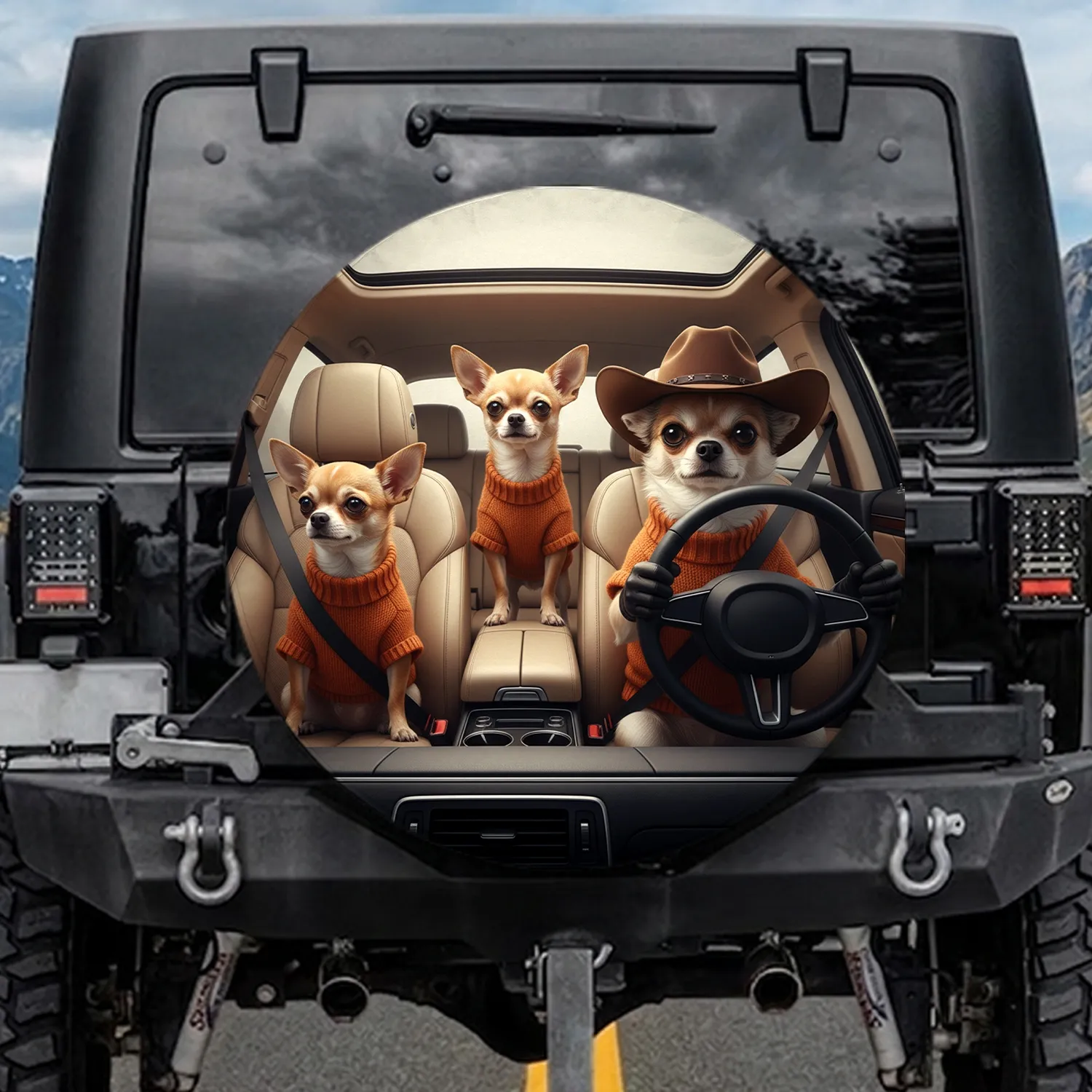 Three Chihuahuas Driving Luxury Car Interior - Chihuahua Lover Gift Spare Tire Cover - 1