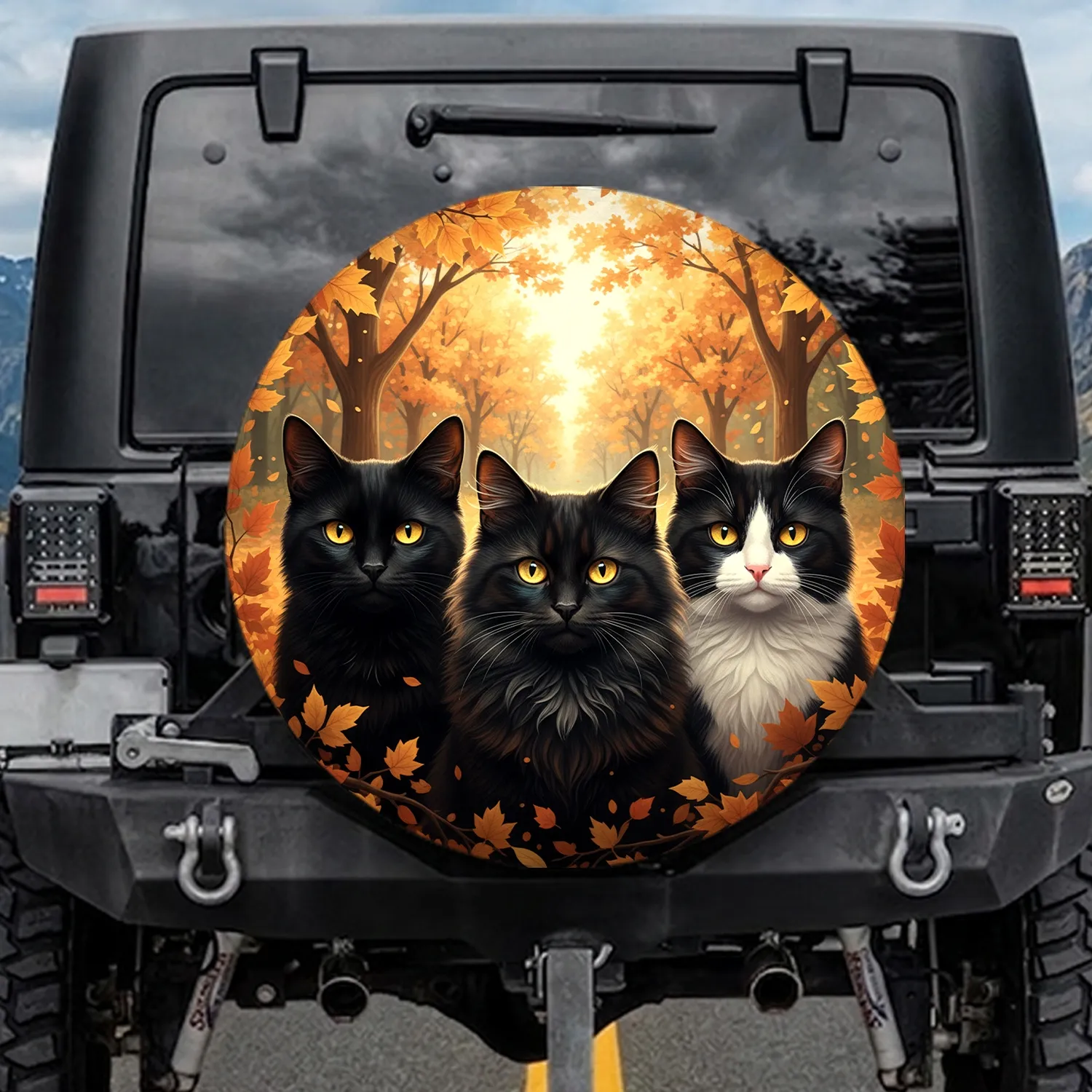 Black Cats Tuxedo Cat Golden Eyes Autumn Park - Home Decor Gift for Cat Lovers Spare Tire Cover - 1