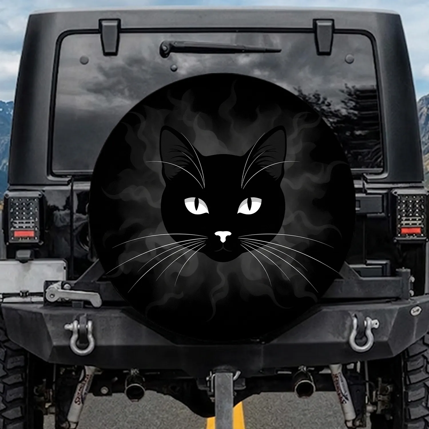 Black Cat White Almond Eyes Whiskers - Dark Aesthetic Everyday Gift for Cat Lover Spare Tire Cover - 1